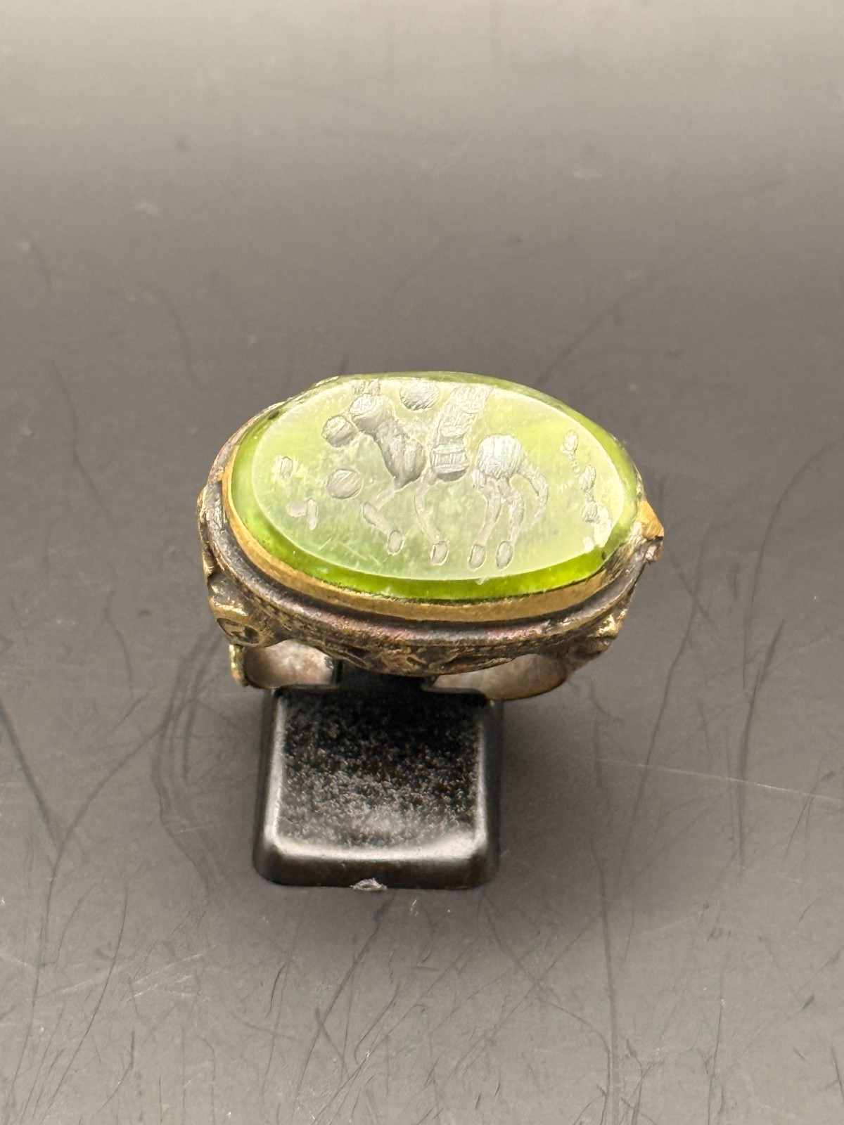 Ancient Roman Intaglio Ring Bronze Engraved Intaglio Ancient Green Jade Ring