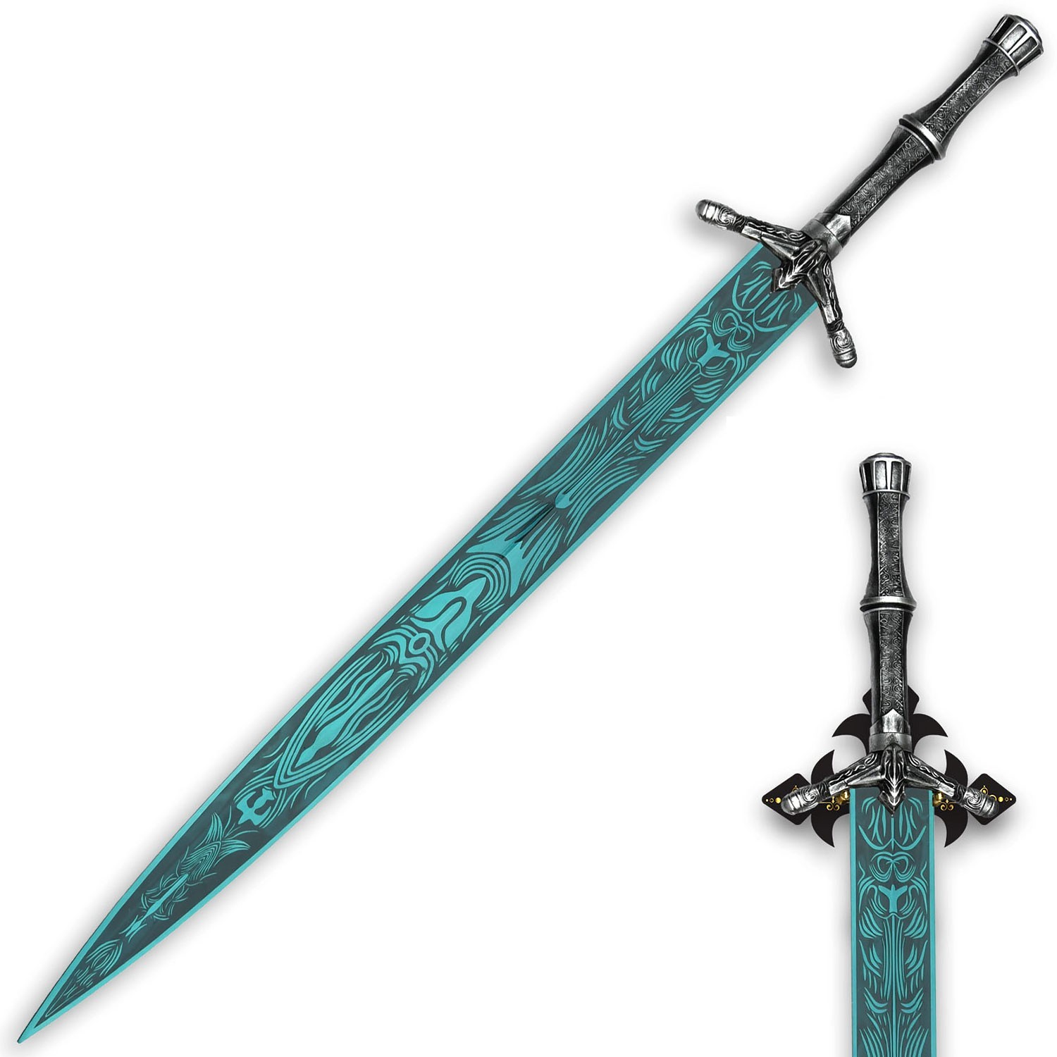 39″ Moonlight Blue Greatsword Two Hand Replica Metal Sword w/ Wooden Wall Plaque