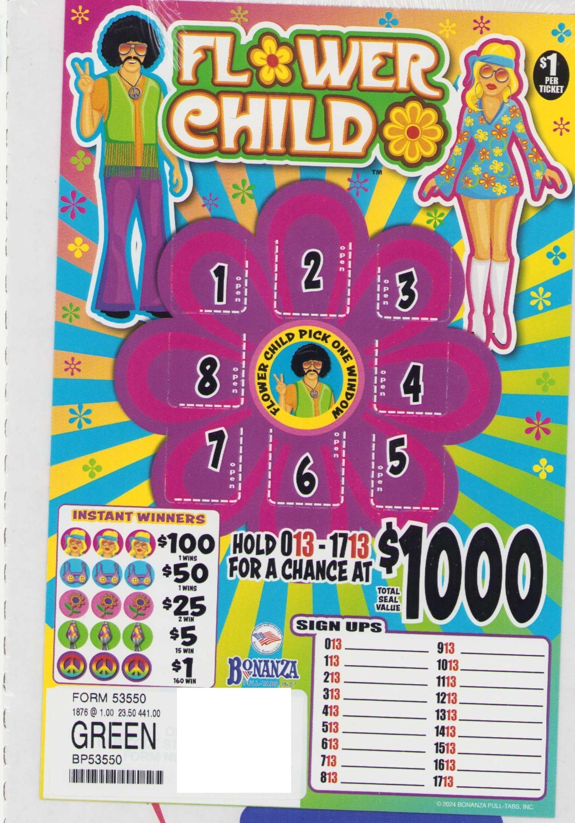 Pull Tab Tickets -Hard Card – Game – Holder – Flower Child – 1,876 ct