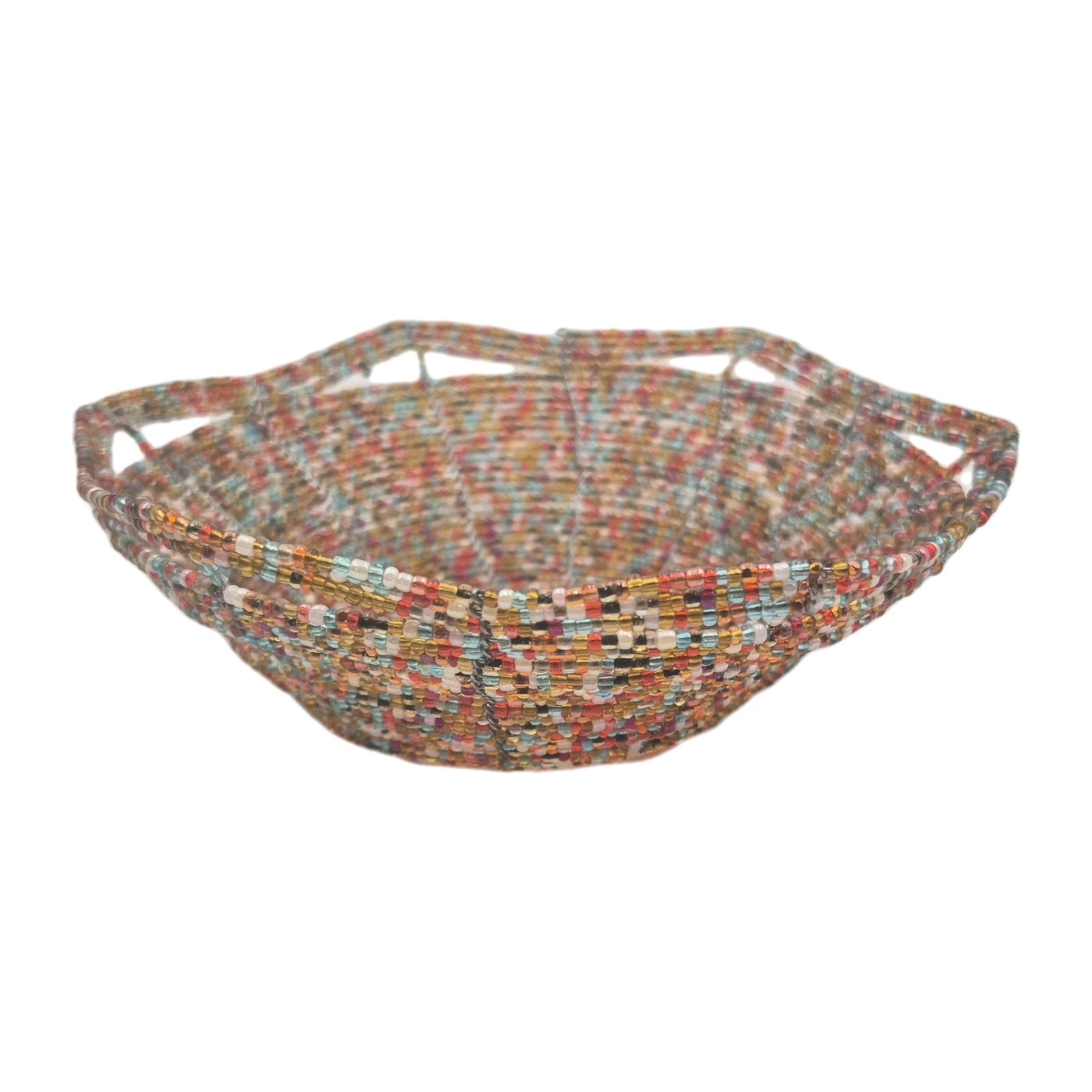Multicolored Handcrafted Wire Seed Bead Bowl Trinket Basket 6×2″