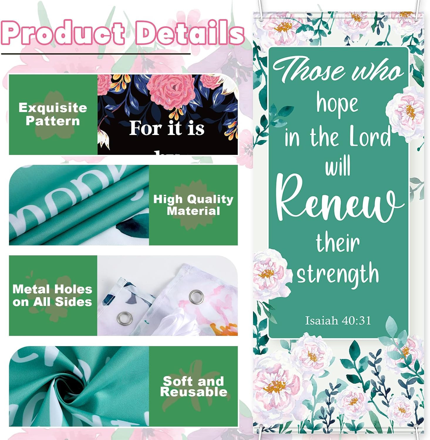 Church Scripture Banners Set – Inspirational Floral Decor for Worship Spaces