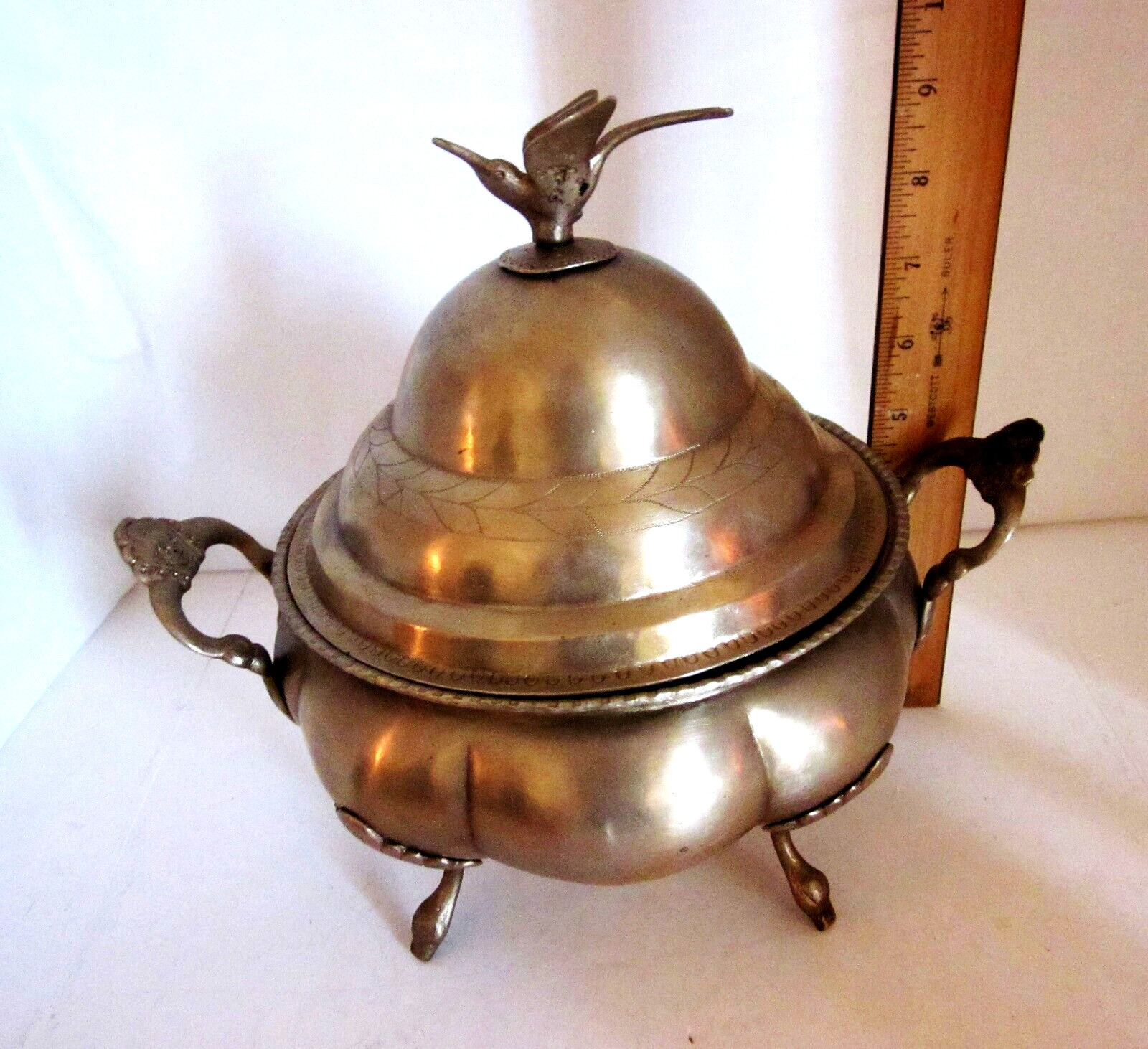 Solid Brass Covered Footed Dish Decorative Crafts Inc. Ladle Cutout Lid Bird