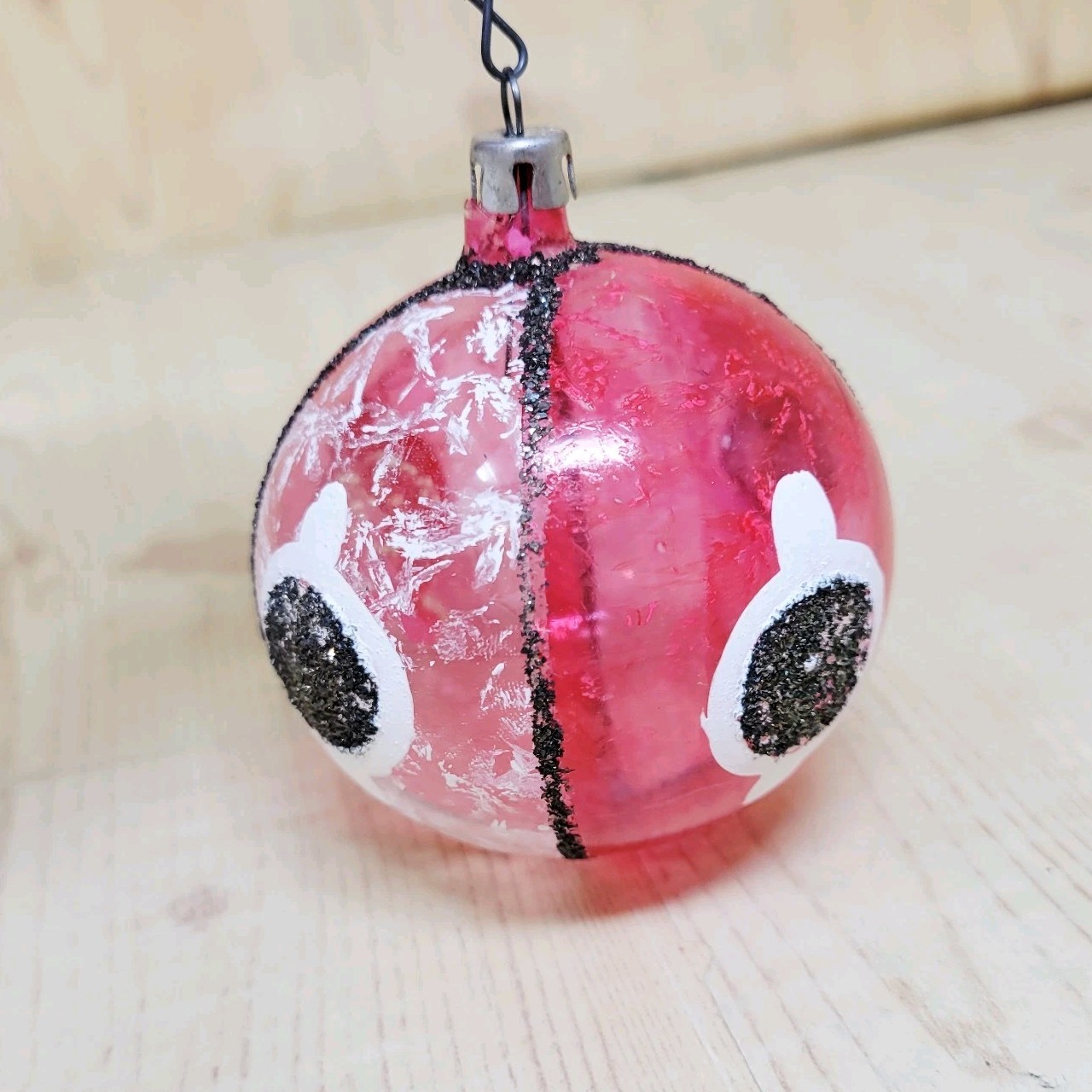 VTG Unsilvered Glass Glitter Pictured DOTS BALL Christmas Ornament Poland Pink