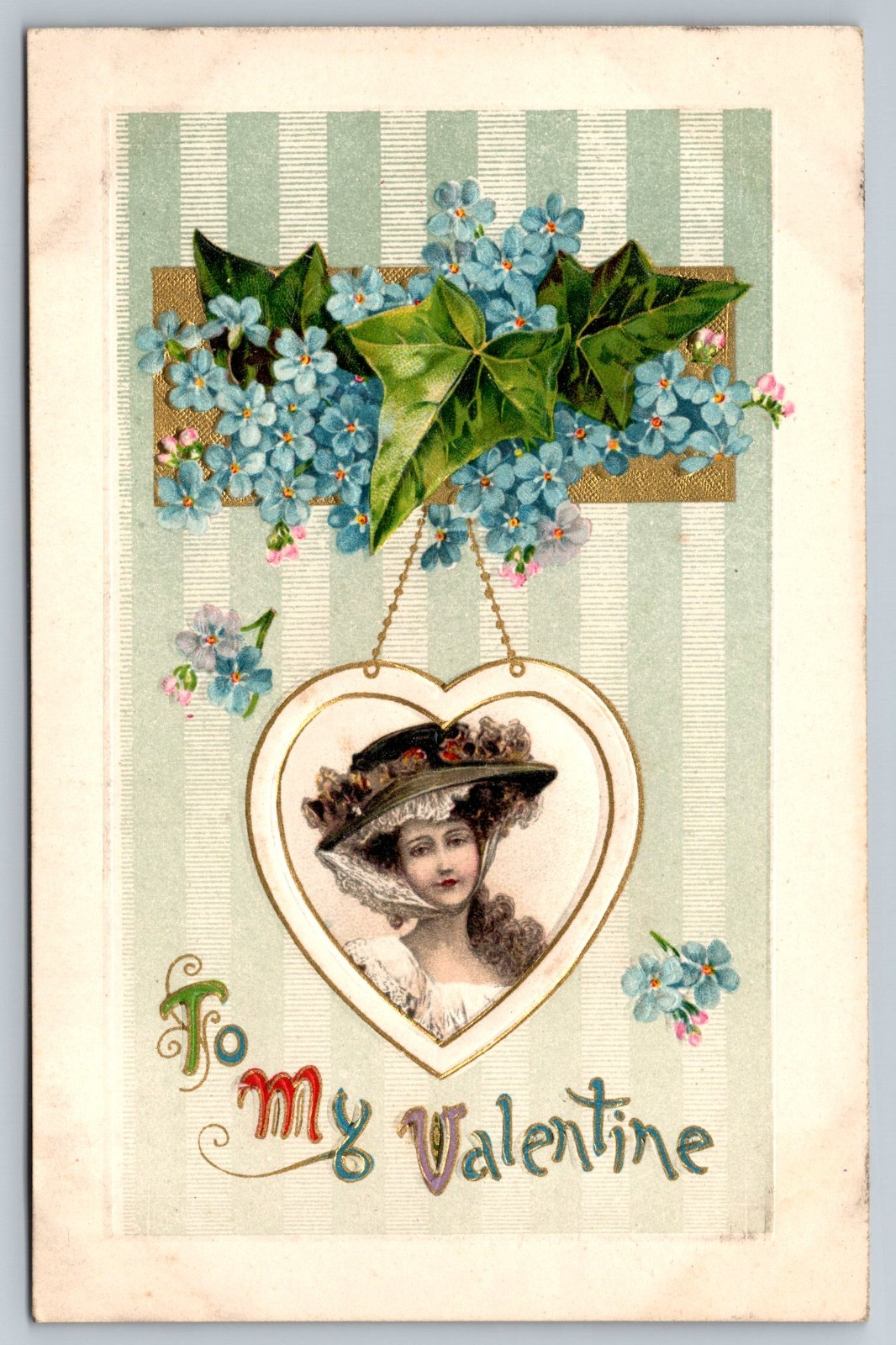 Postcard Victorian Lady With Beautiful Hat Set In Heart Embossed Winsch