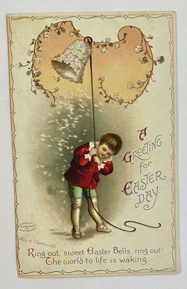 Clapsaddle Artist Signed Easter Vintage Postcard Boy Floral Bell Series 4258