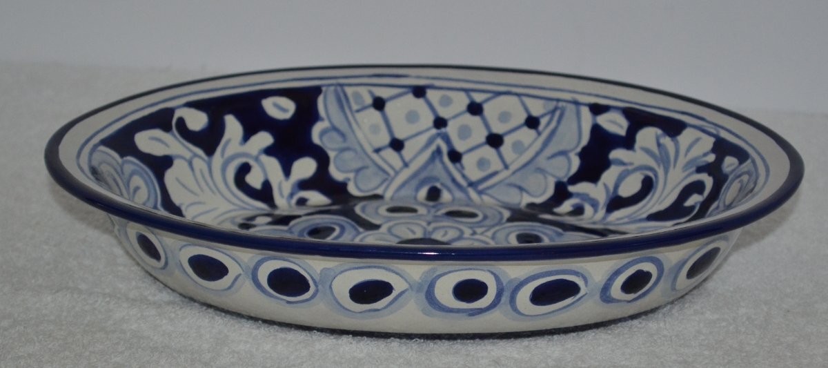 Hand Painted Talavera Pottery Blue & White Lead Free Oval Dish or Bowl