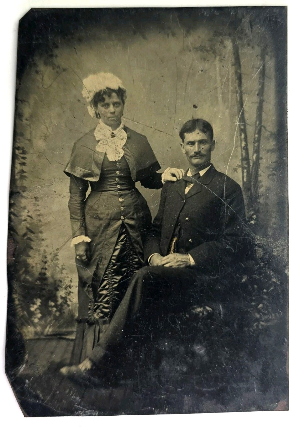 Antique Tintype Photo Victorian Couple Man Lady Husband Wife Hat Fashion Creepy