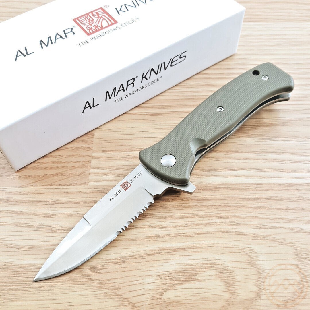 Al Mar Mini SERE 2020 Folding Knife 3″ 8Cr13MoV Steel Blade Green FRN Handle