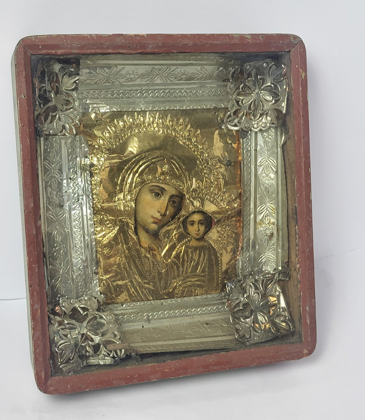 Vintage Icon Mother God Jesus wooden Kiot Ukraine Handmade Religion Rare 3