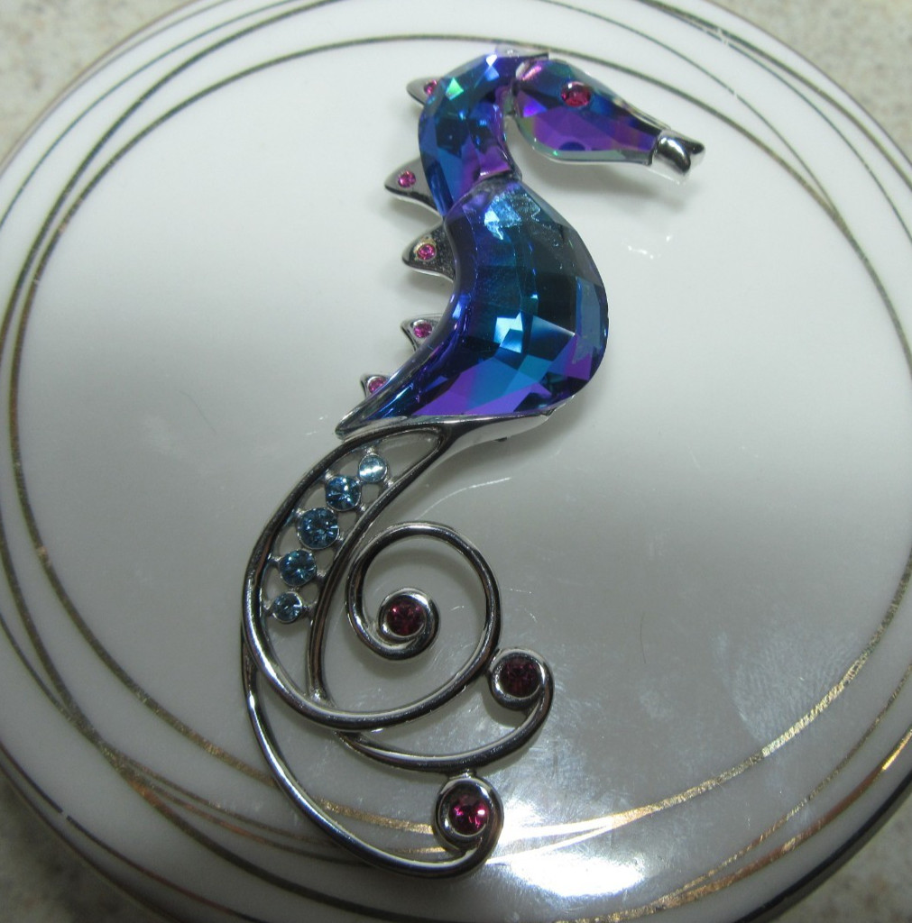 Swarovski Swan Signed Silver Tone Multi-Color Crystal Seahorse Brooch Pin