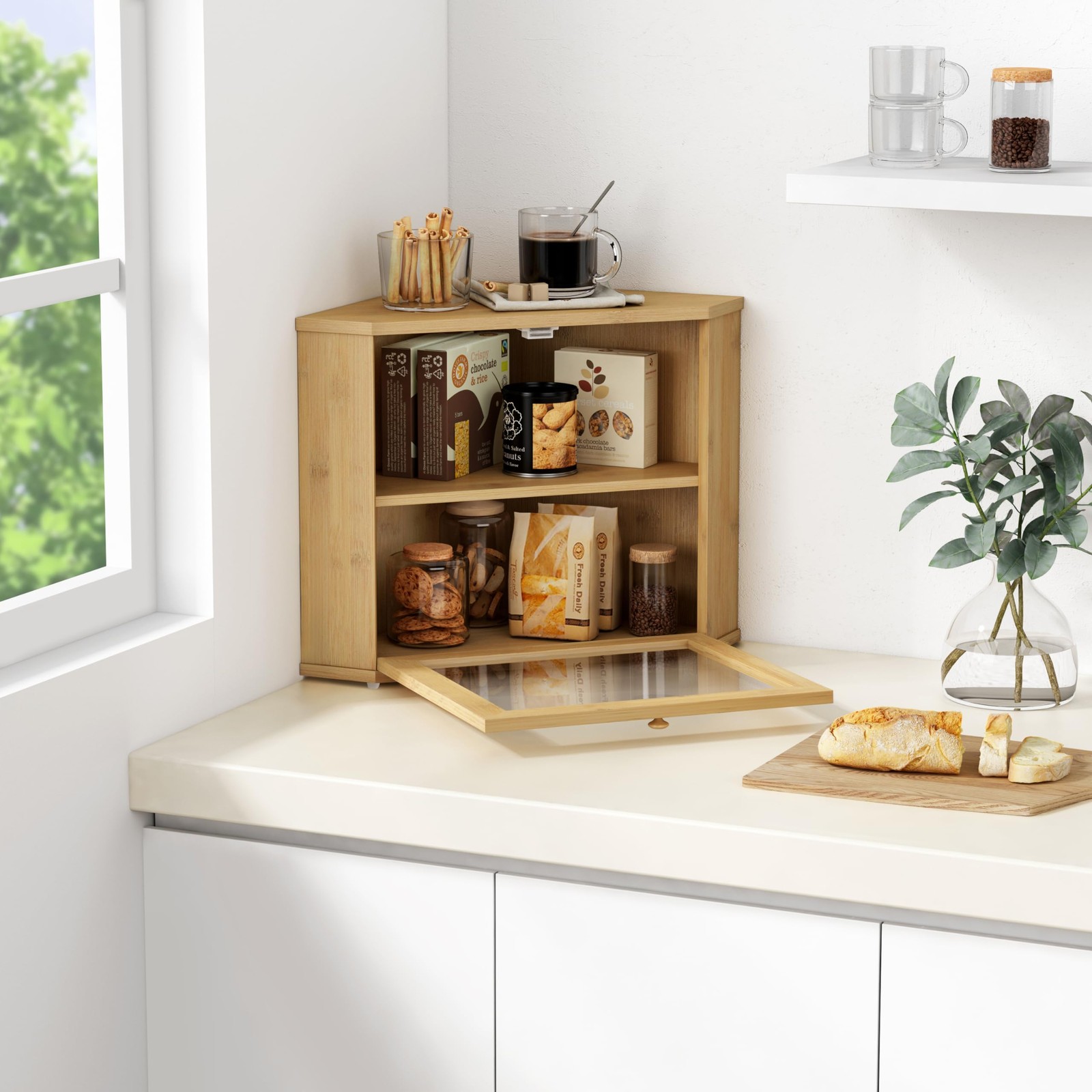 Bamboo Corner Bread Box for Kitchen Counter, 2 Tier Bread Keeper Wooden Round…