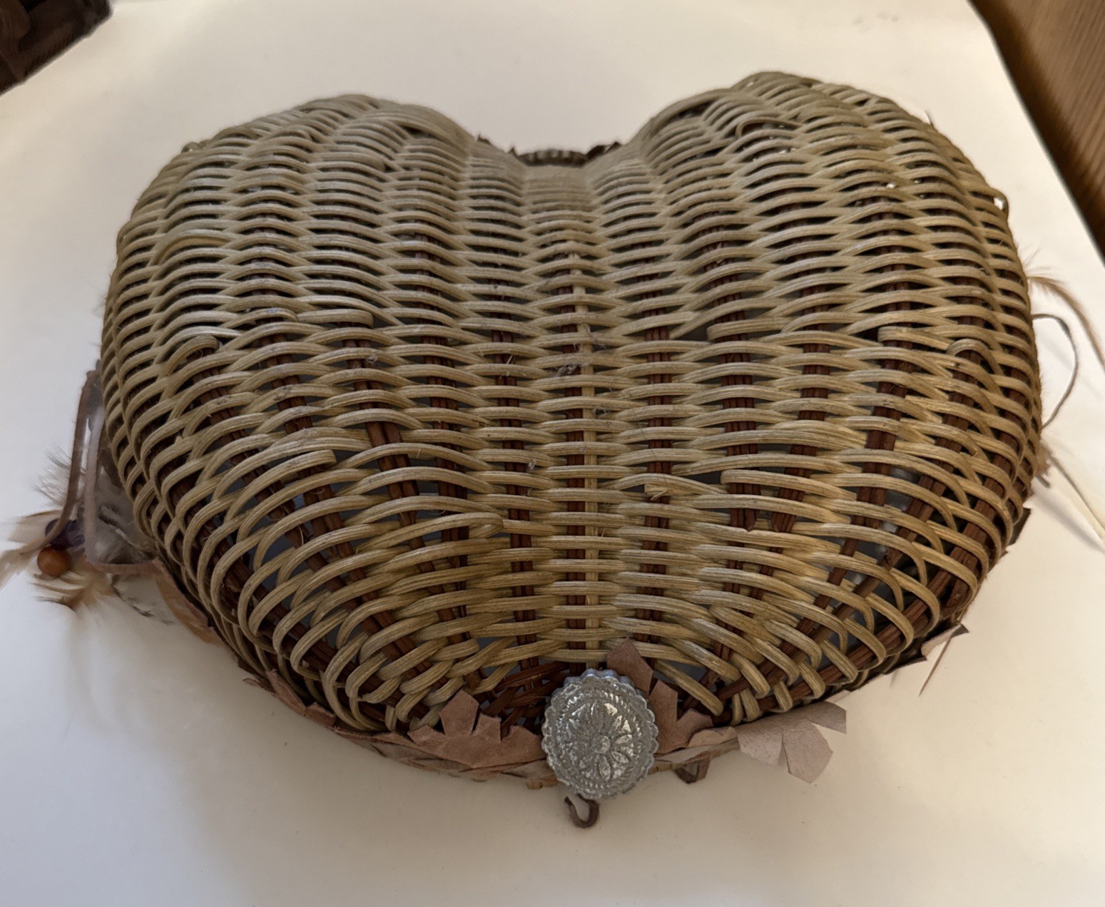 Handwoven Buttocks Basket Wicker Leather Feather Concho Rustic Southwest Decor