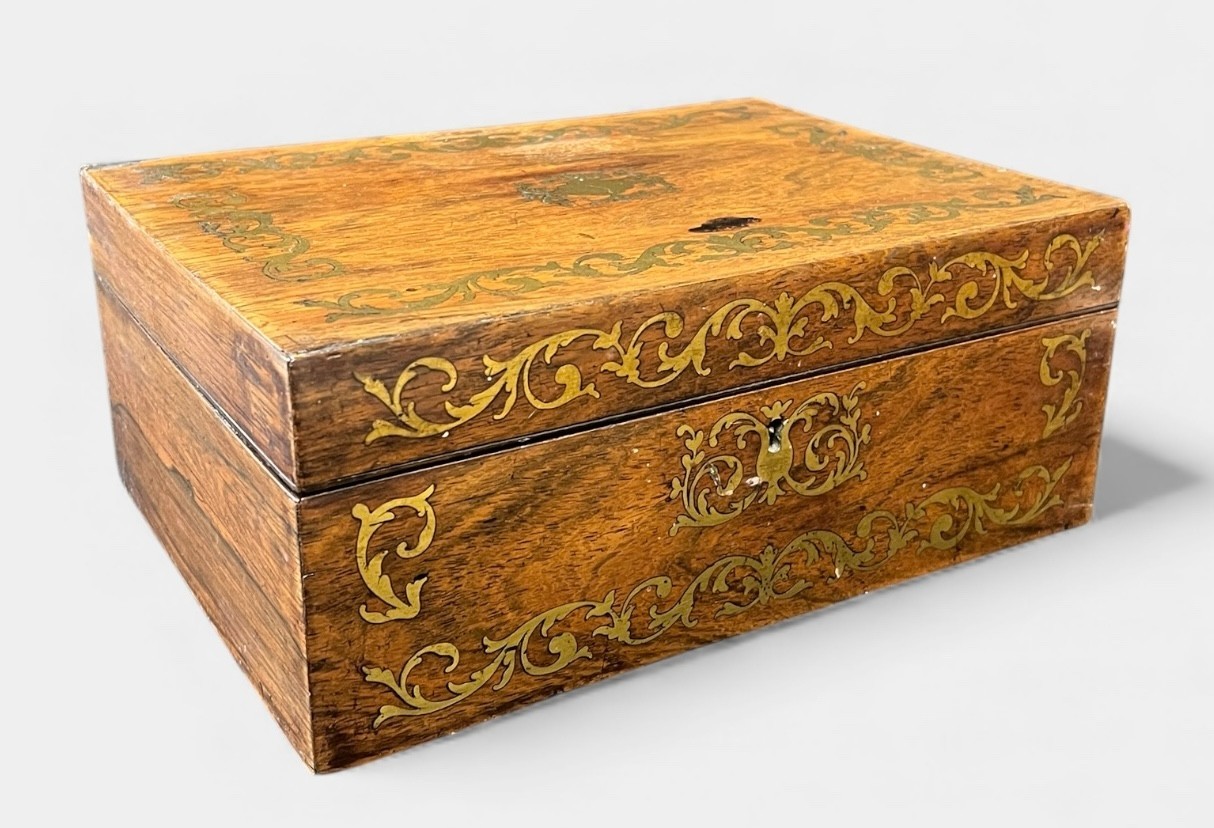 Antique 19th C Beautiful Rosewood or Oak w/ Brass Inlay Jewelry or Trinket Box