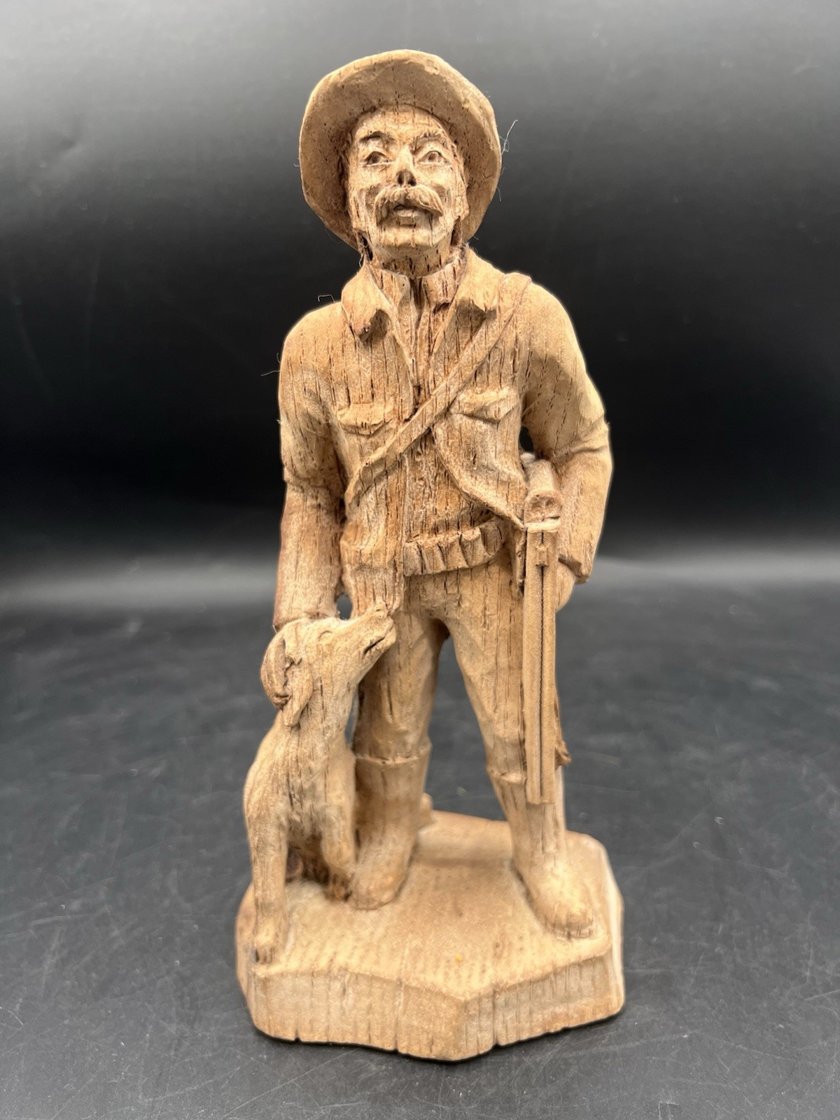 Vintage SIC France Hand Carved Wood Hunter & Dog Figurine 8” Folk Art Sculpture