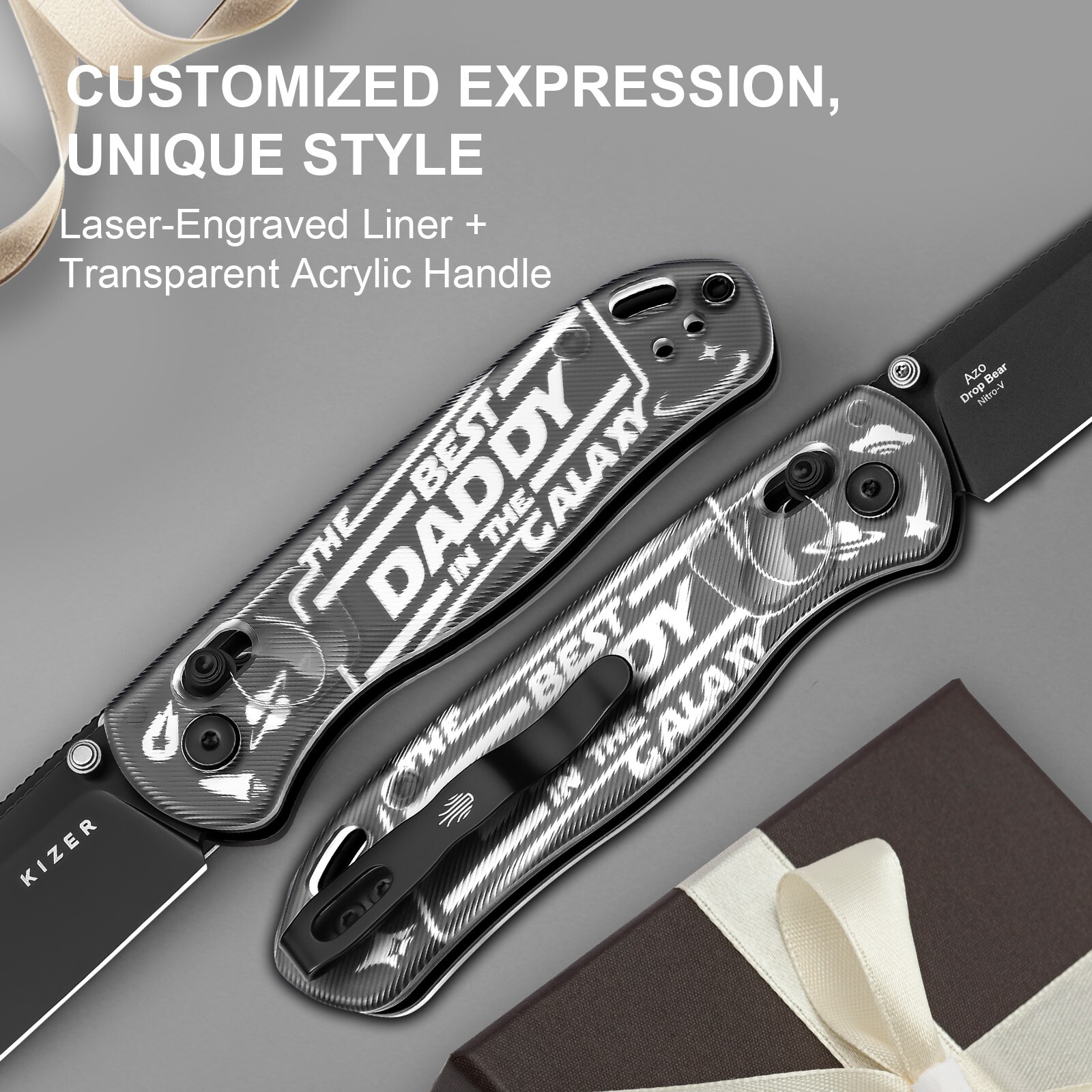 Kizer Drop Bear Folding Pocket Knife Nitro-V Blade Acrylic Handle Gift V3619A11
