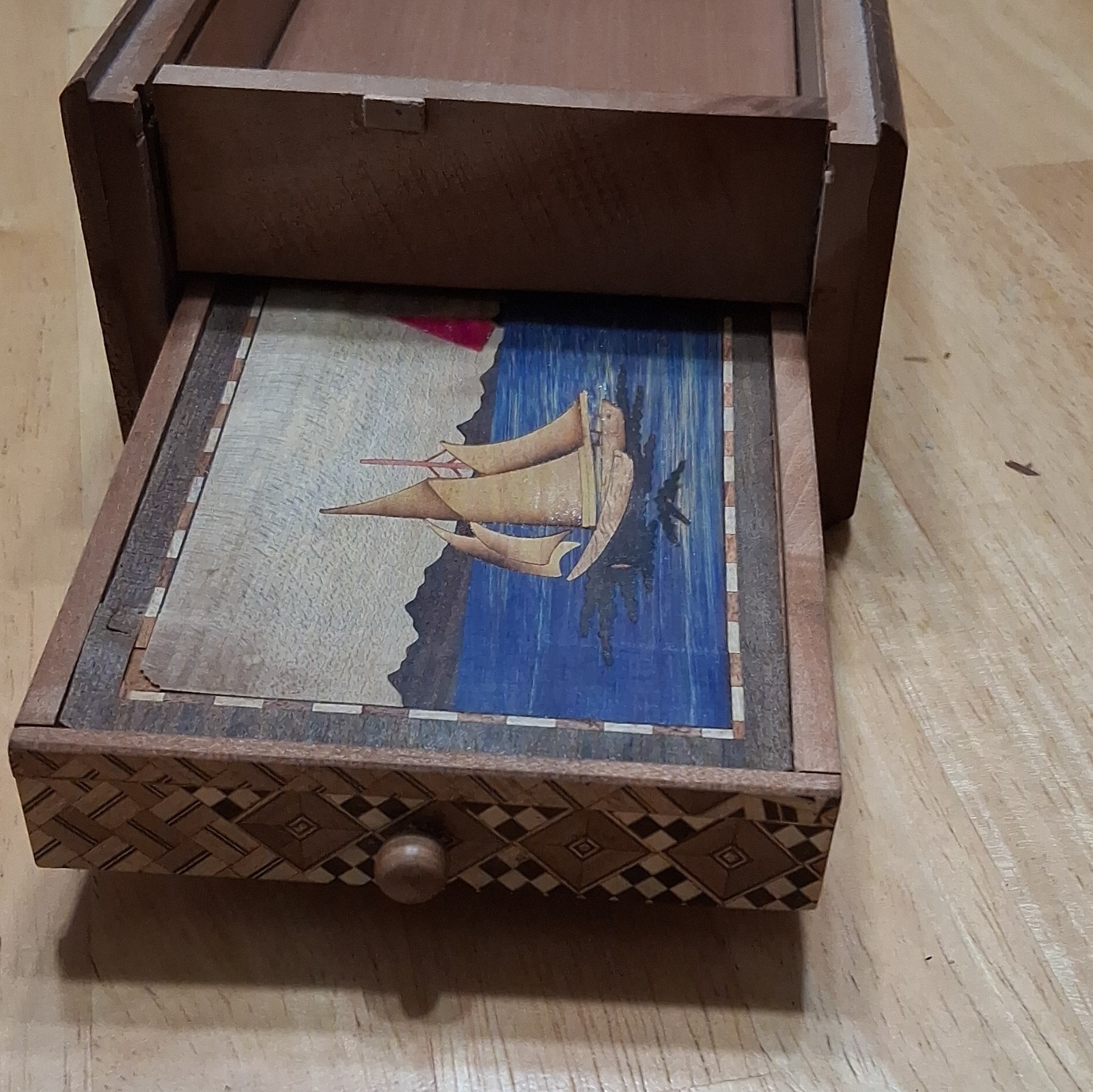 Japan Puzzle Rectangular Lidded Box Asian Landscape Pictorial Dragon Design