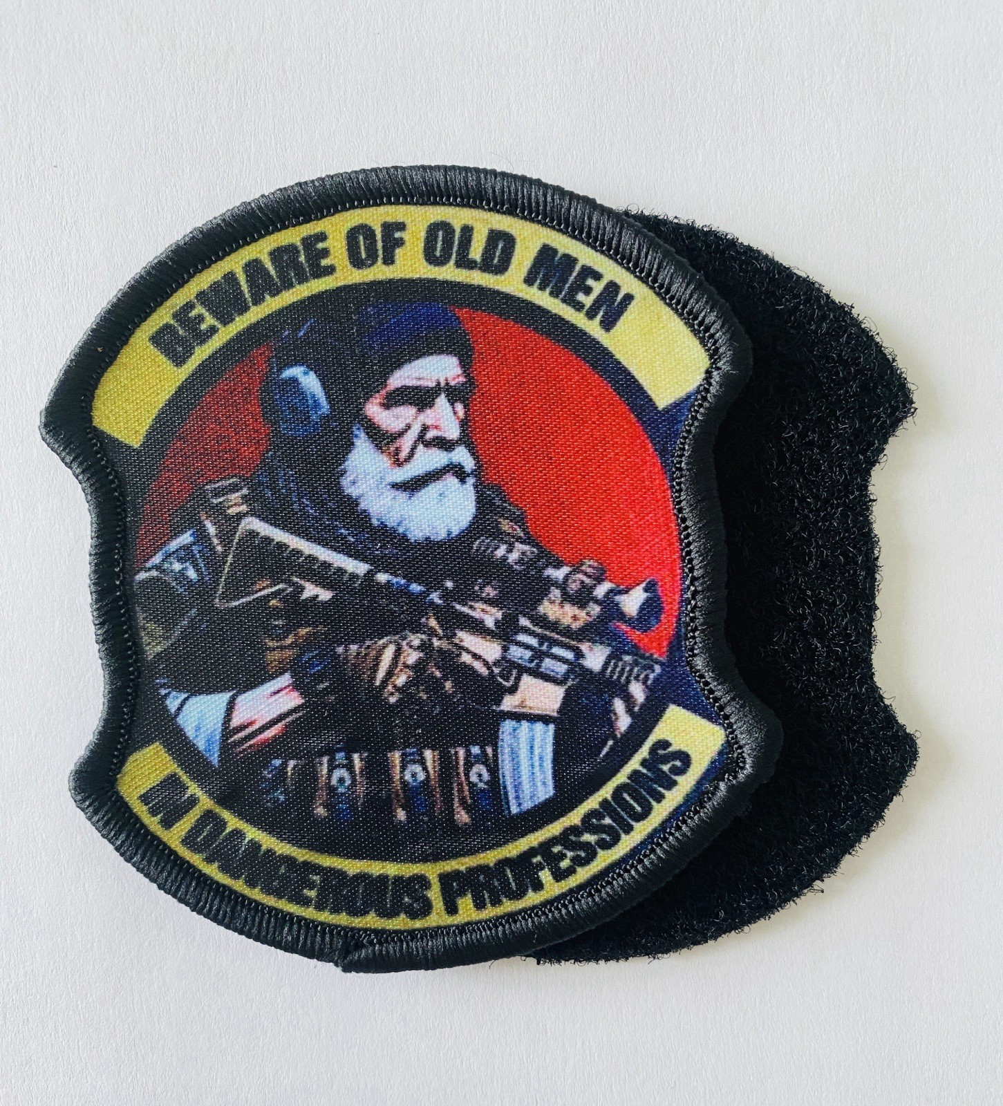 BEWARE OF OLD MEN IN DANGEROUS PROFESSIONS HOOK AND LOOP TACTICAL MORALE PATCH