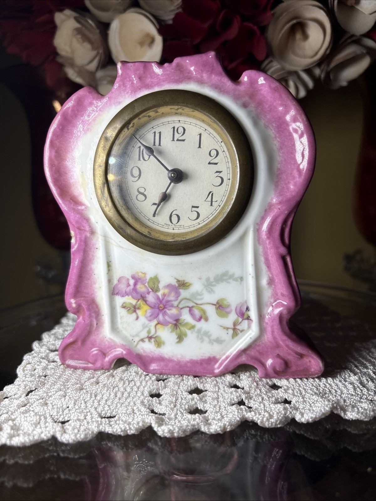 Vtg 1900s Porcelain Wind Up Mantle Bedroom Clock Purple Floral Ceramic