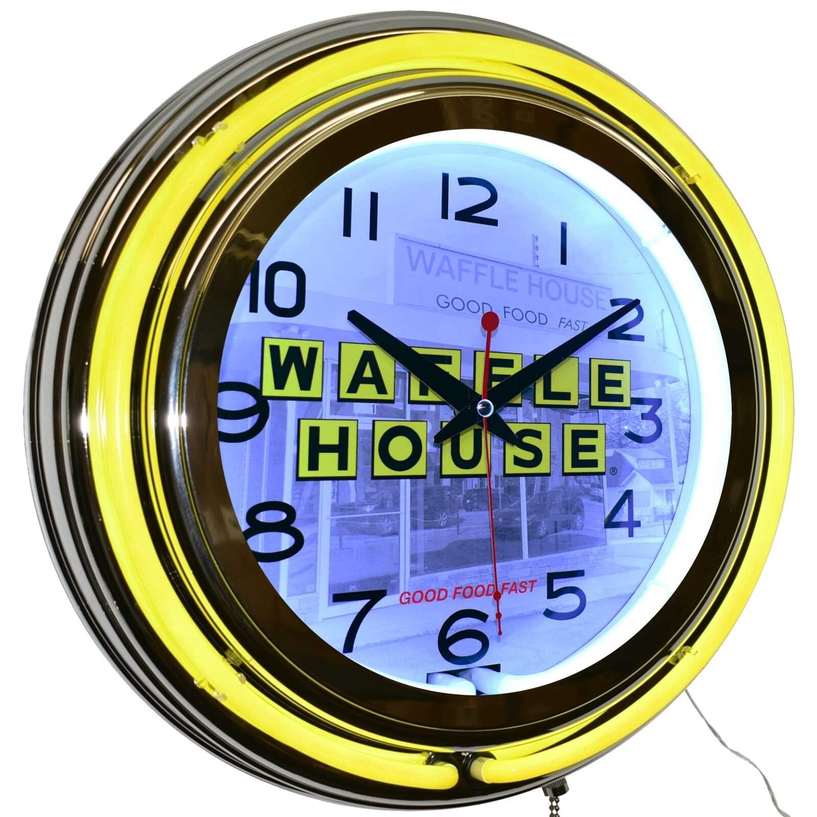 15″ Waffle House Good Food Fast Double Neon Clock Home Diner Decor (Yellow)