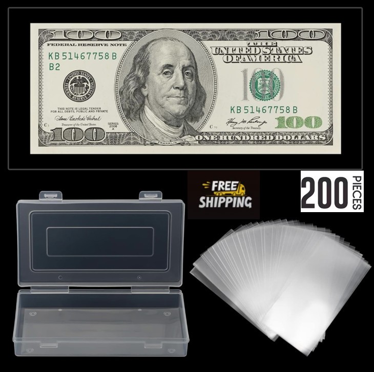 200 PCS Dollar Bill Protection Sleeves (Clear PP) with Storage Case – Free Ship