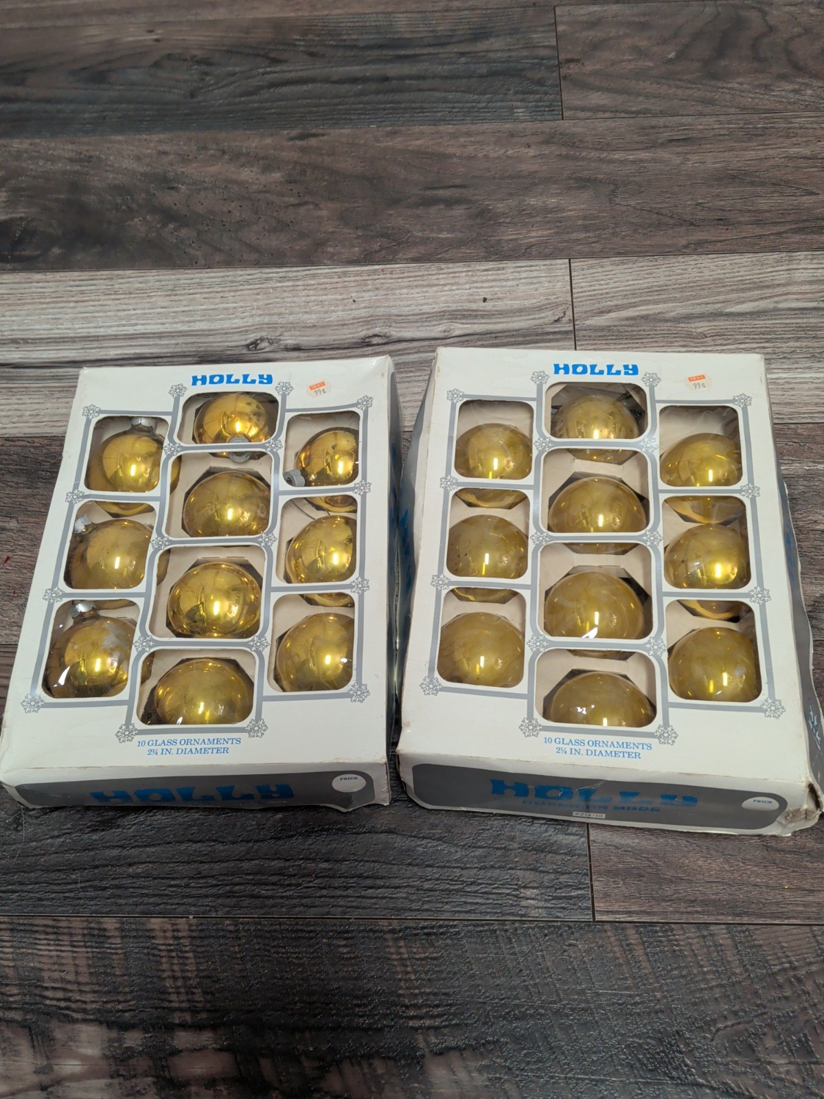 VTG Lot Of Holly Glass Christmas Ornaments Shinny Yellow Gold Box