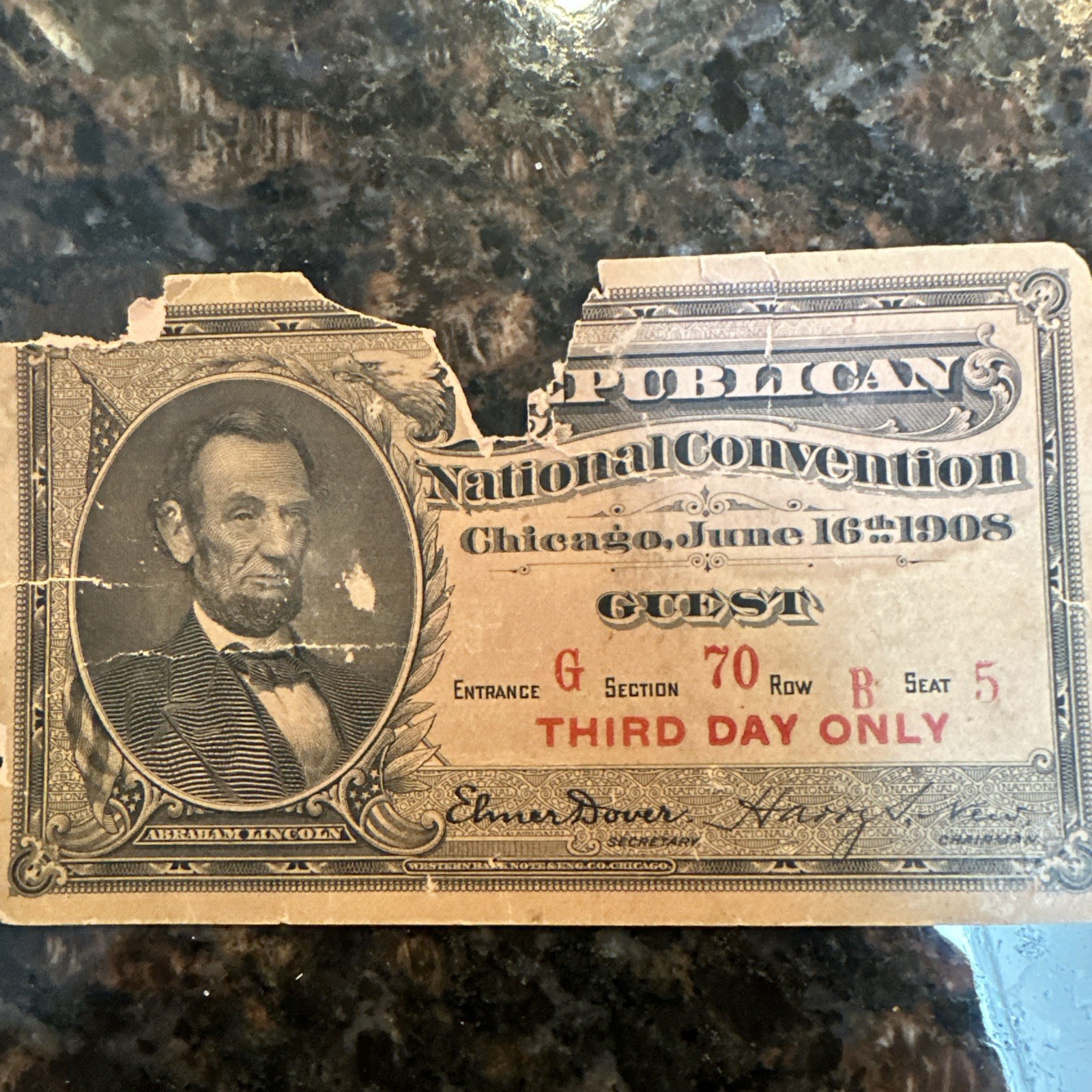Republican National Convention Chicago June 16, 1908 Third Day Only Guest