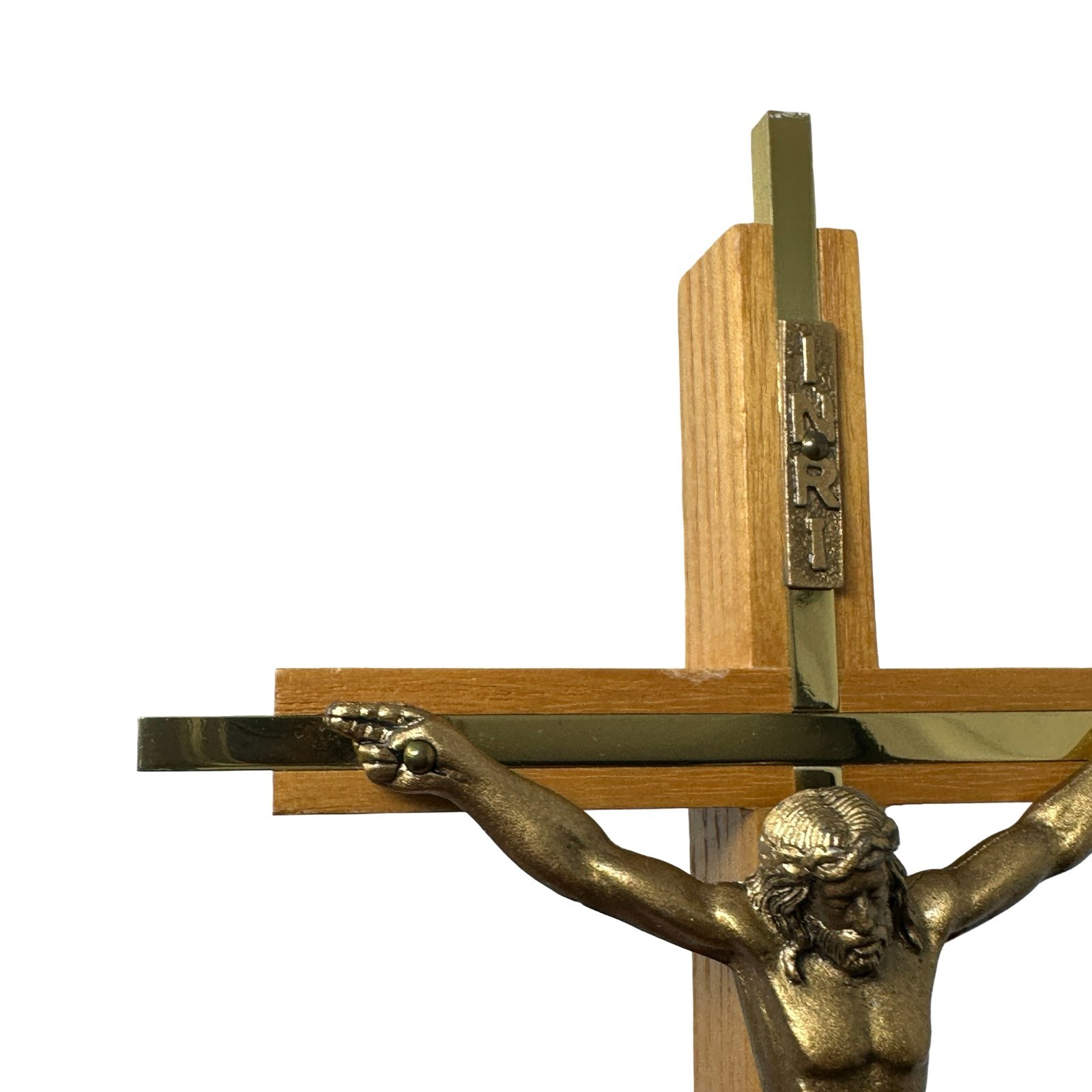 Vintage 1960s MCM Brass Tone Metal Wood Wall Crucifix Cross INRI Catholic 10″