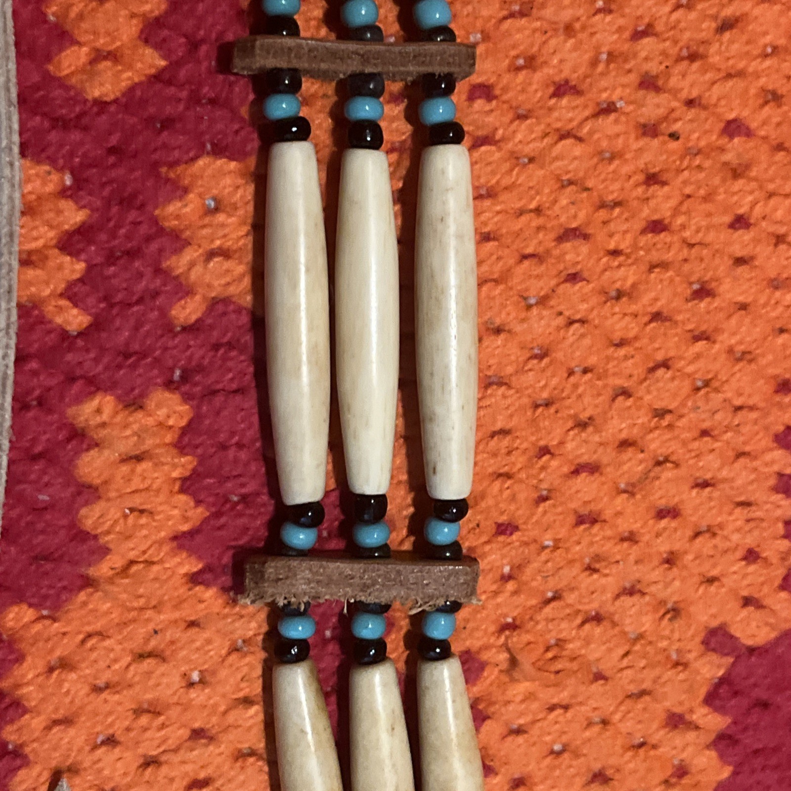 Native American Style Handmade~Bone & Bead Choker Necklace with Leather Ties