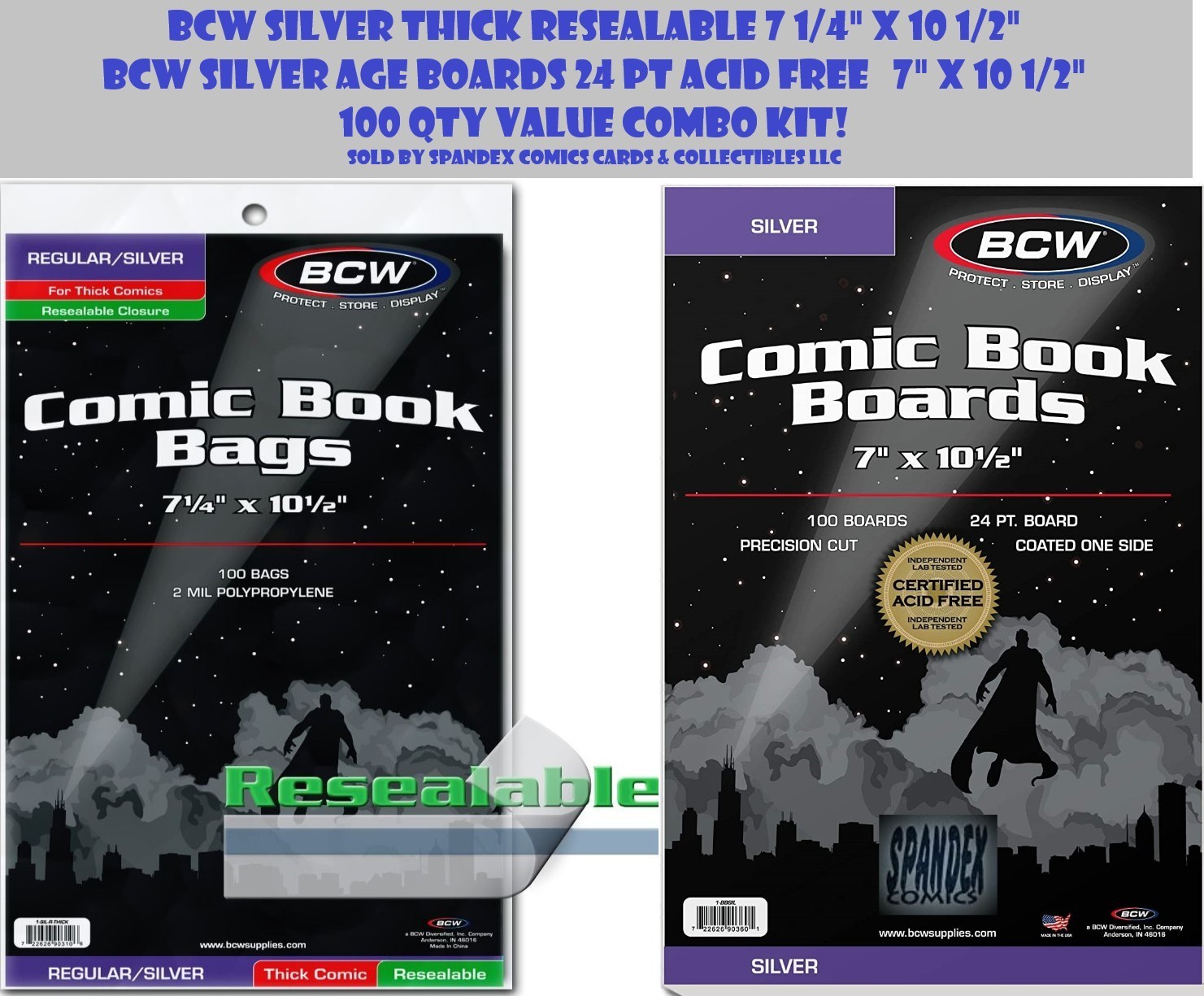 50 – BCW Silver Thick Resealable 2MIL Poly Comic Book Bags & Backing Boards
