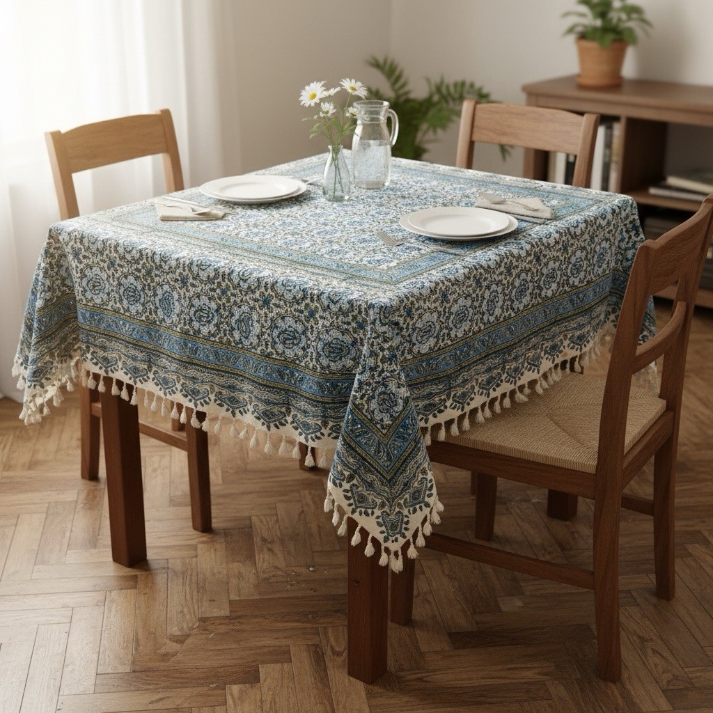 NWOT Persian Qalamkari 80cm Square Block Printed Isfahan Blue White Tablecloth