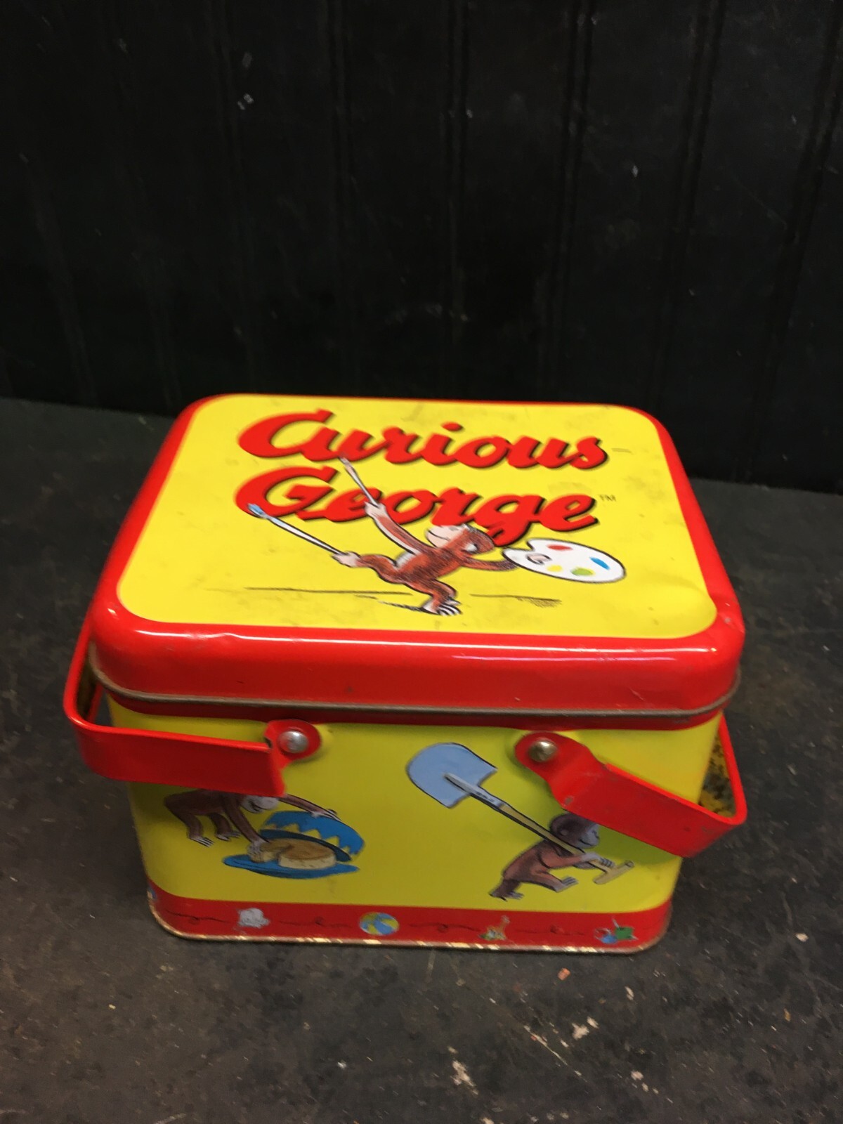 Vintage curious George metal lunch box Pick nick Basket 6in x5in x 4.5in
