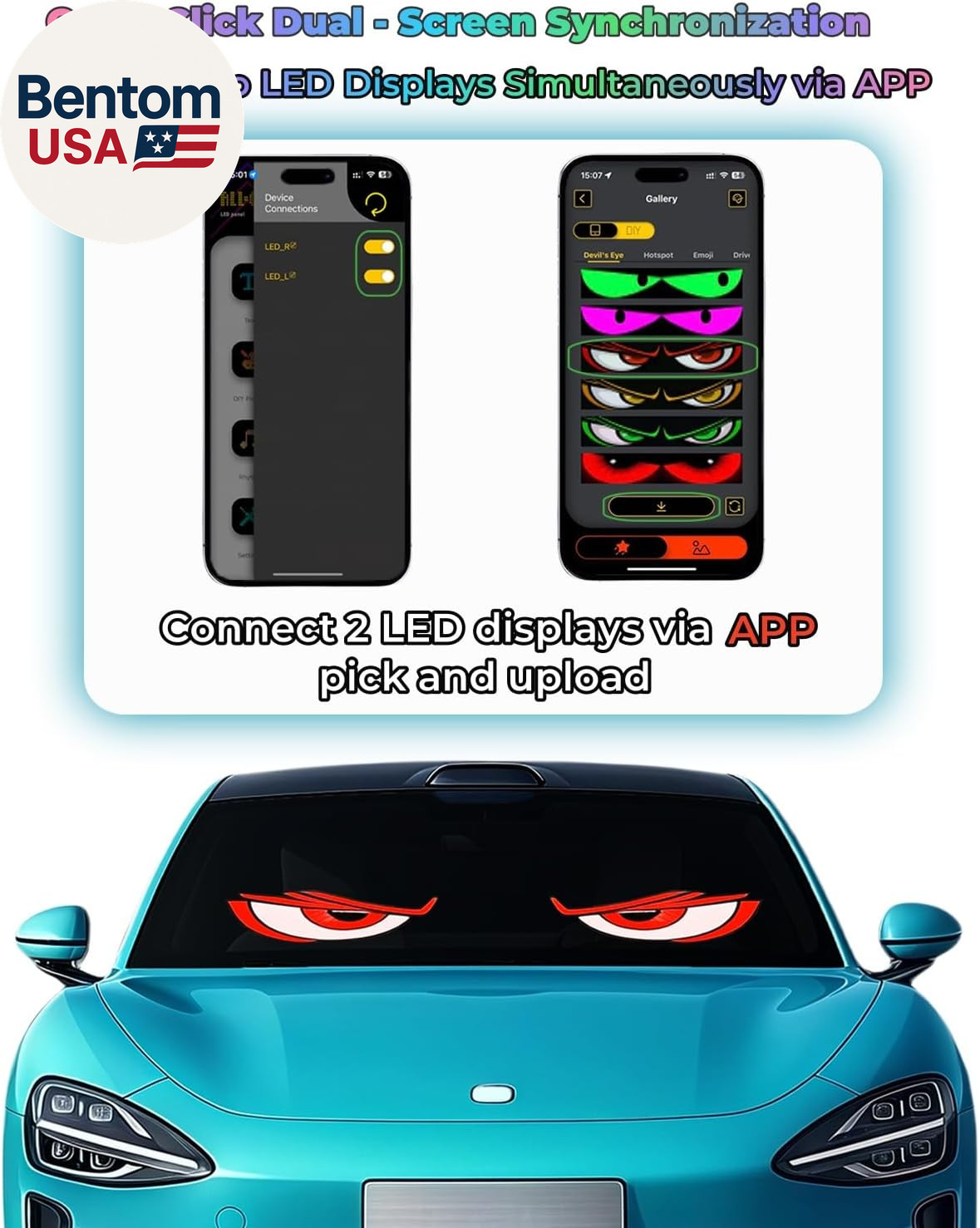 2PCS 23″X5″ Devil Eyes Light for Windshield-Dual Screen Sync, Led Eyes for Cars/