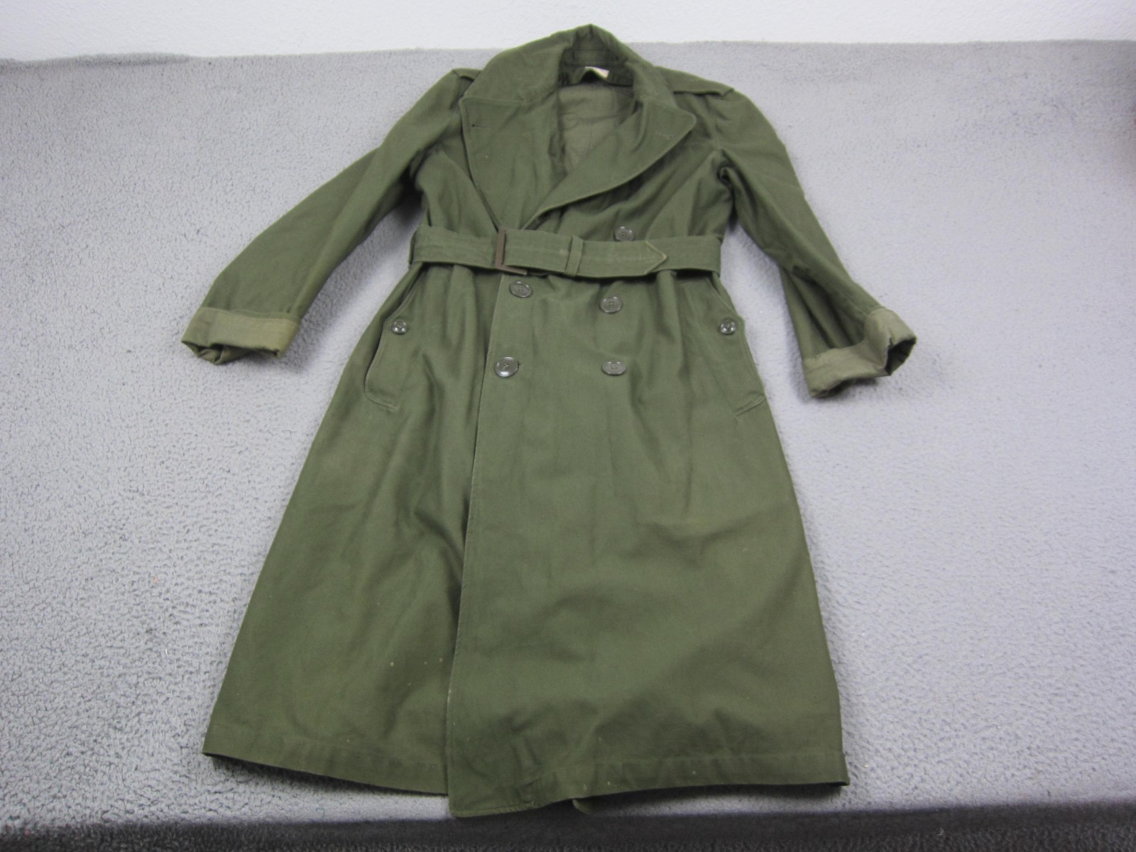 Vintage OG 107 Overcoat Mens Small Green US Military Trench Coat WW2 40s 50s