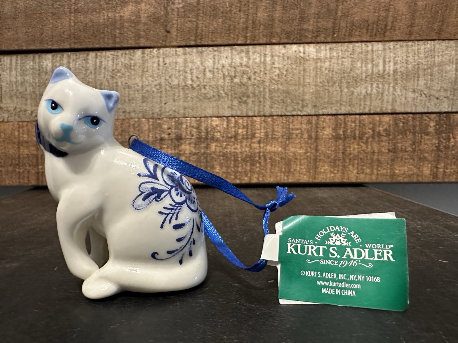Kurt S Adler Delft Blue Porcelain Cat Ornament With Tag Blue Ribbon