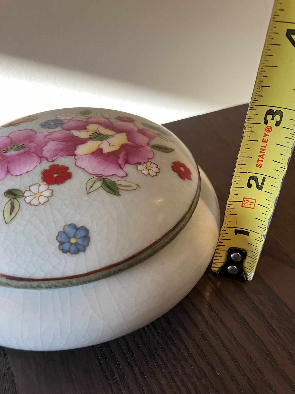 Ceramic Trinket Box. Hand Painted. Celadon Green Multi Colored Floral Lid.