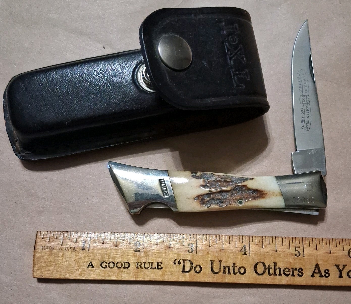 Vintage Schrade IXL, Bone Lockback with Sheath, Unused, Stag Knife, Schrade Stag