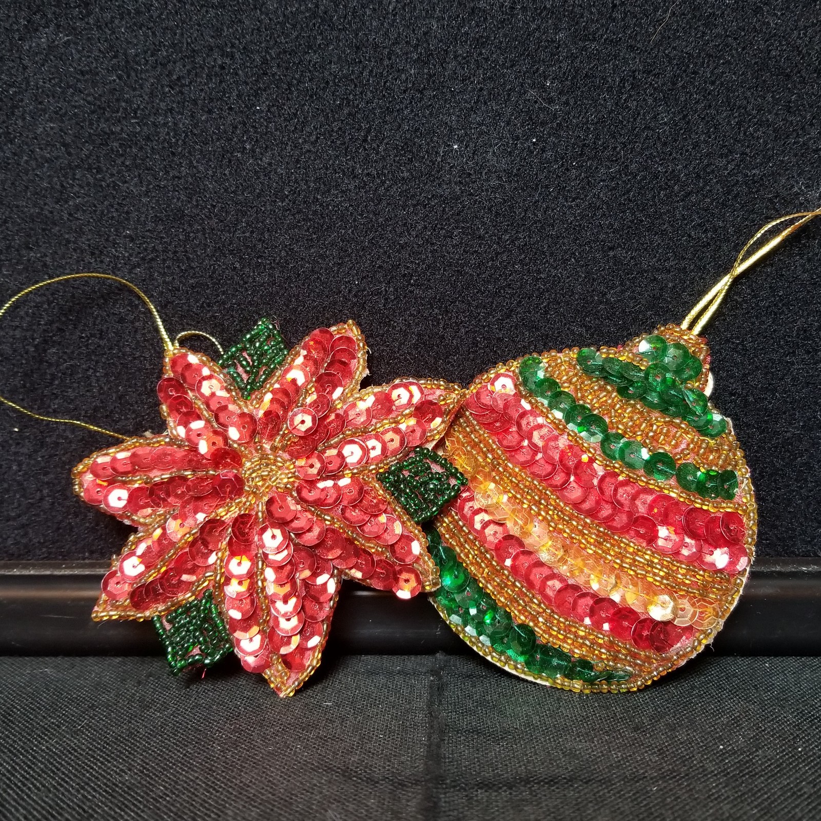 Vtg Flat Sequin Christmas Ornament 2 Lot Poinsettia Ball 3.25″