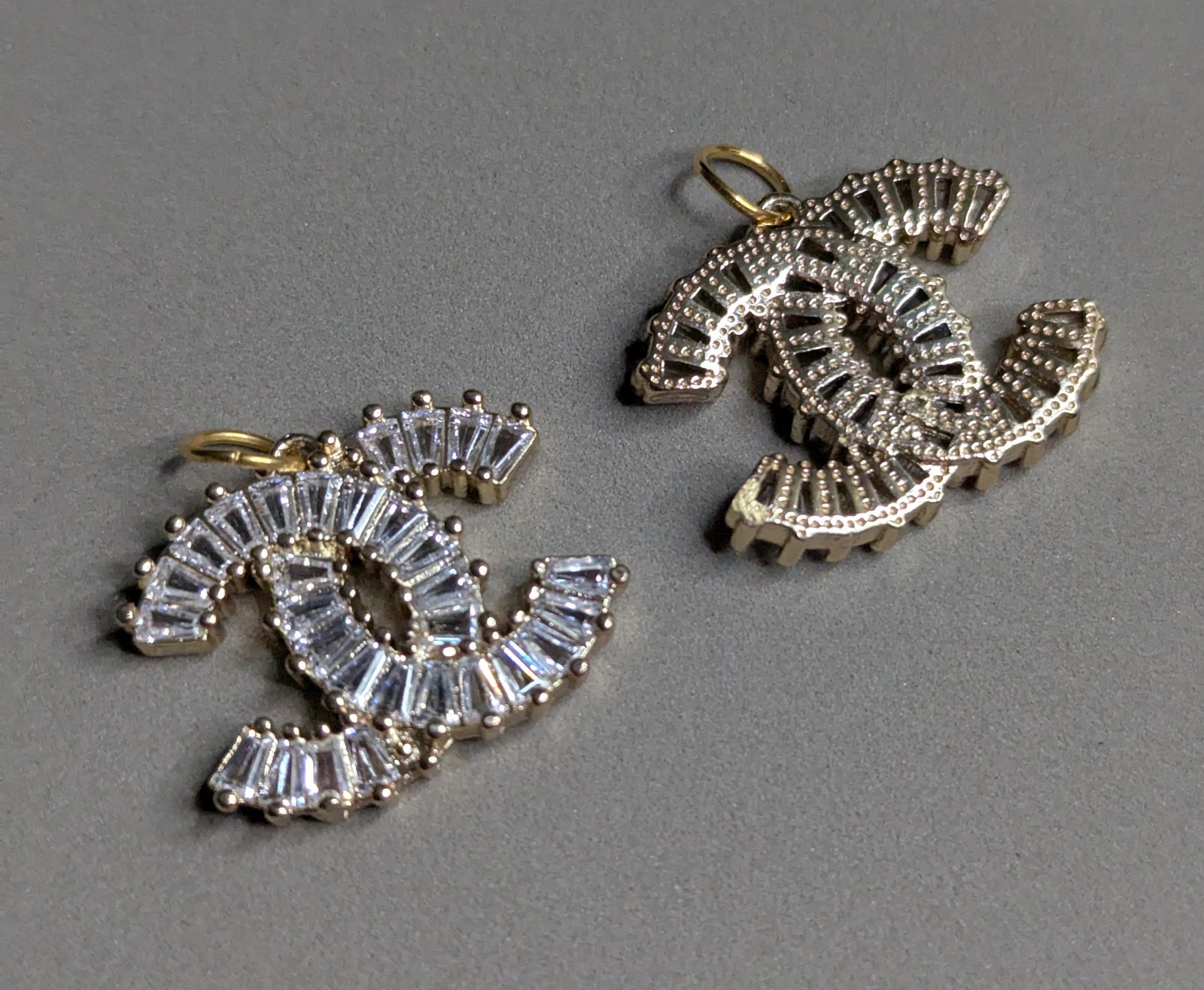 set of Designer Button CC Gold w/ Crystals Zipper Pull 2 pc 22mm x 19mm