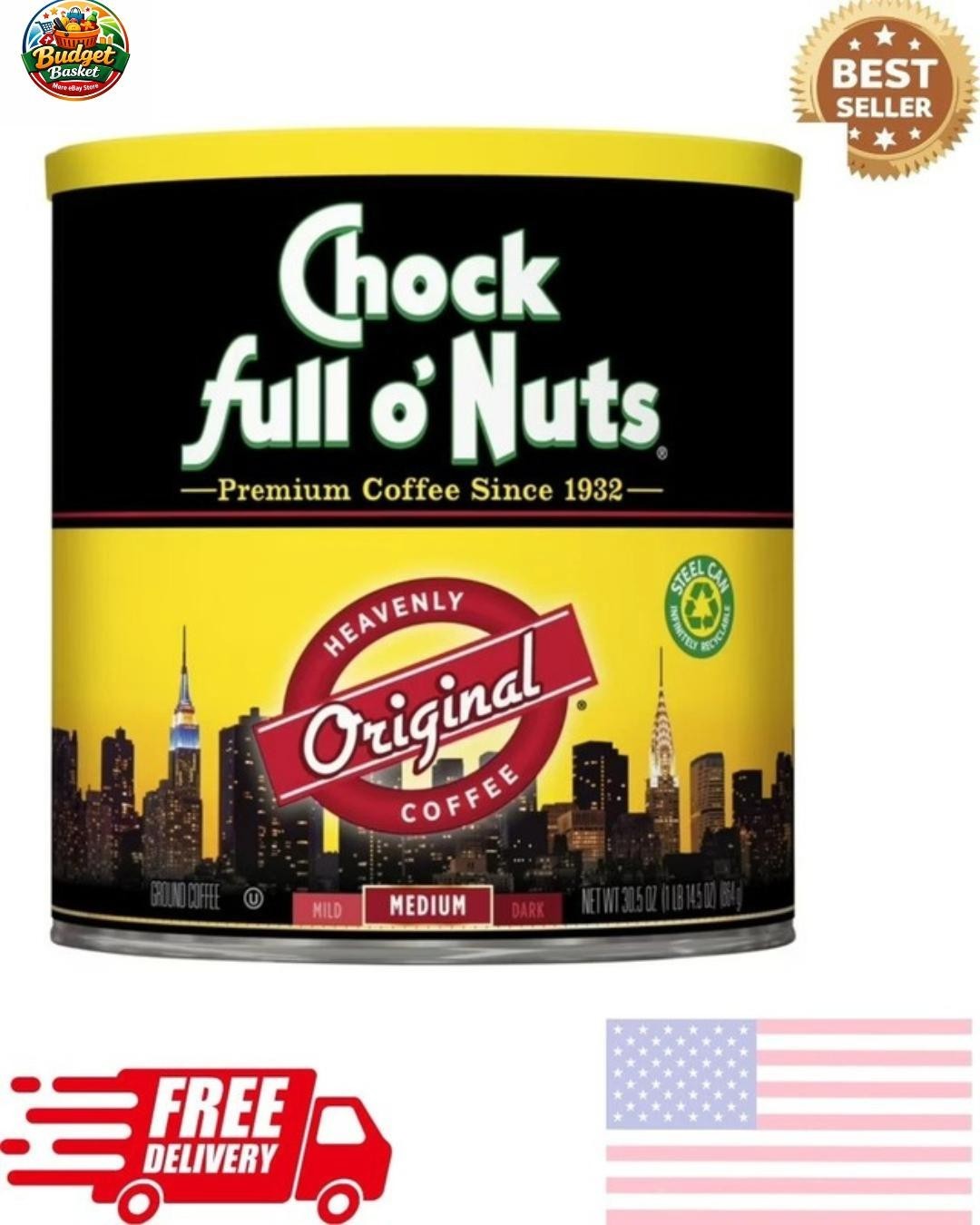 Chock Full o’Nuts Heavenly Coffee Original Medium Roast Ground Coffee Can 30.5 o