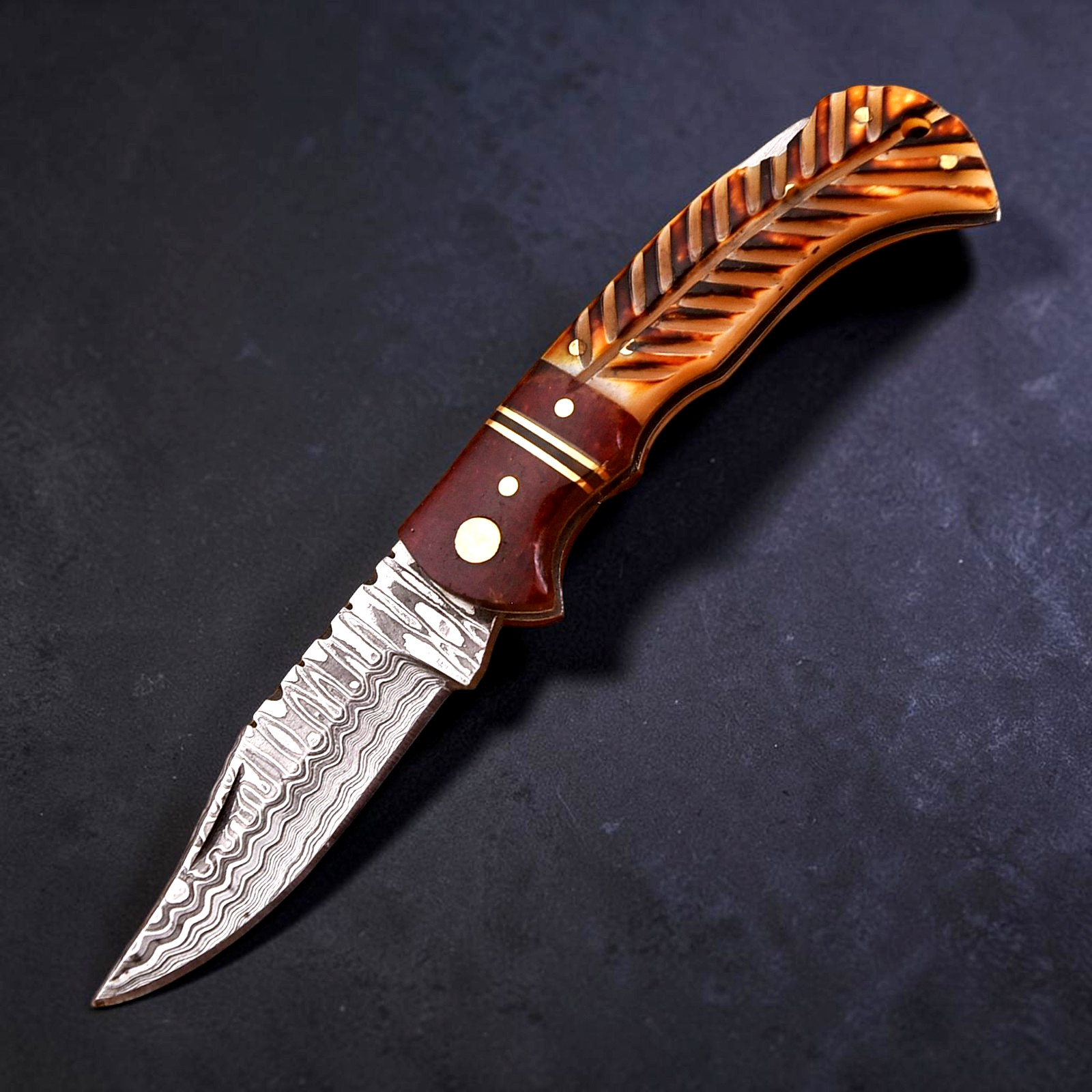 CUSTOM MADE FORGED DAMASCUS STEEL FOLDING POCKET KNIFE LEATHER SHEATH HH-173