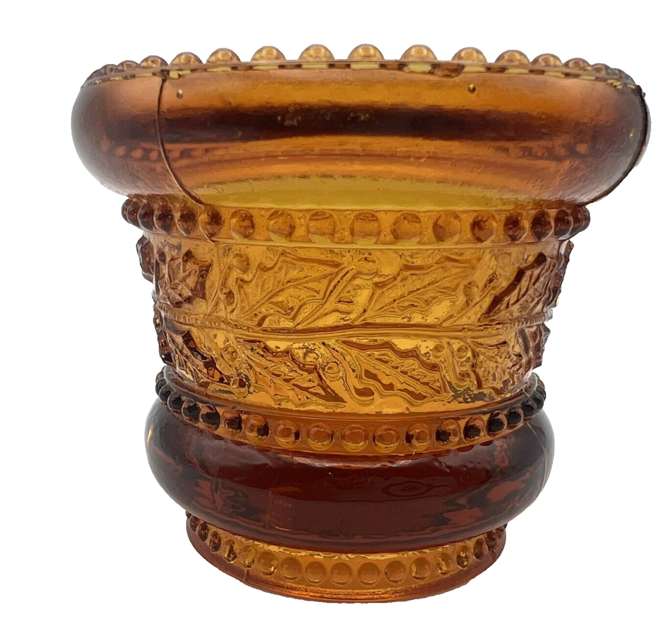 Vintage Summit Art Glass Amber Holly Band Beaded Toothpick Candle Holder Votive