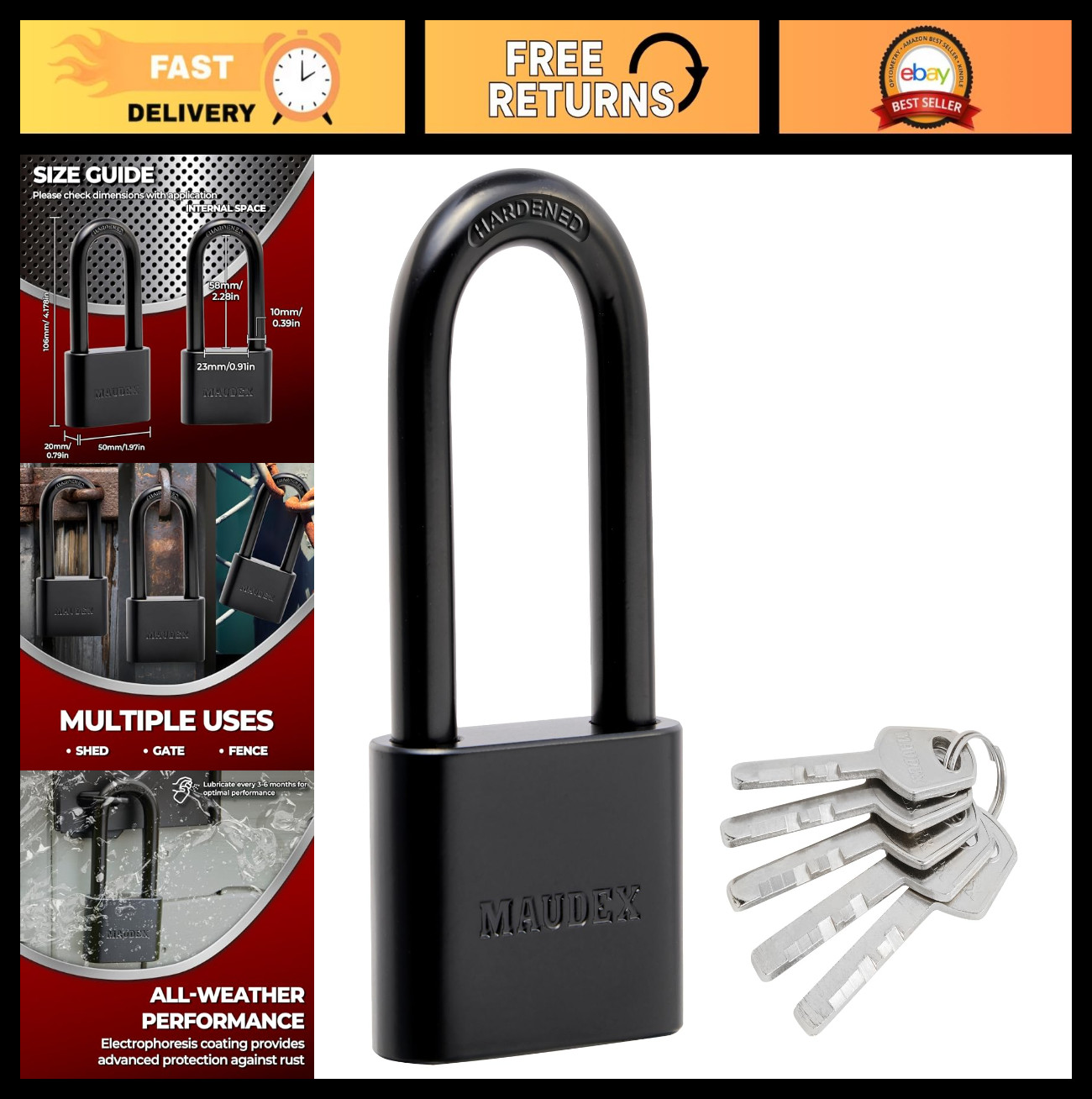 Weather-Resistant Padlock with 5 Keys – Durable Steel Outdoor Lock for Gates, St