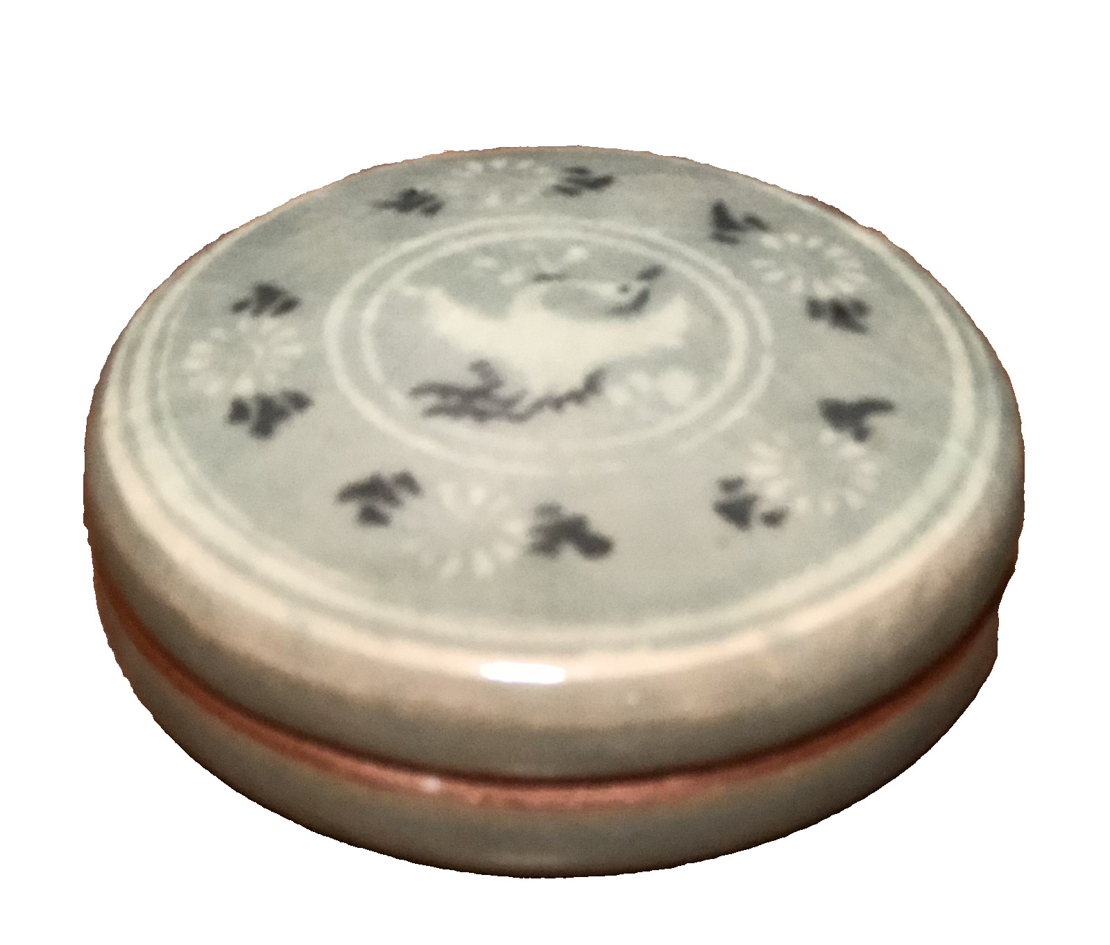 Tiny Vintage Korean Goryeo Crane Celadon Covered Porcelain Trinket Dish