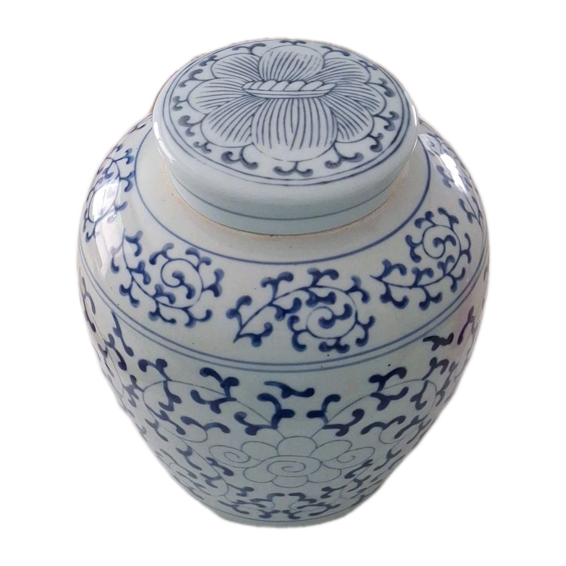 Vintage Large Chinese Blue and White Porcelain Covered Ginger Jar Lidded 9″