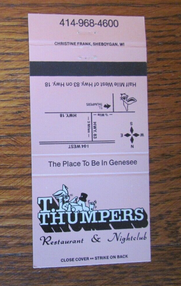 FICTIONAL CHARACTER MATCHBOOK COVER: THUMPERS SHEBOYGAN, WISCONSIN MATCHCOVER B4