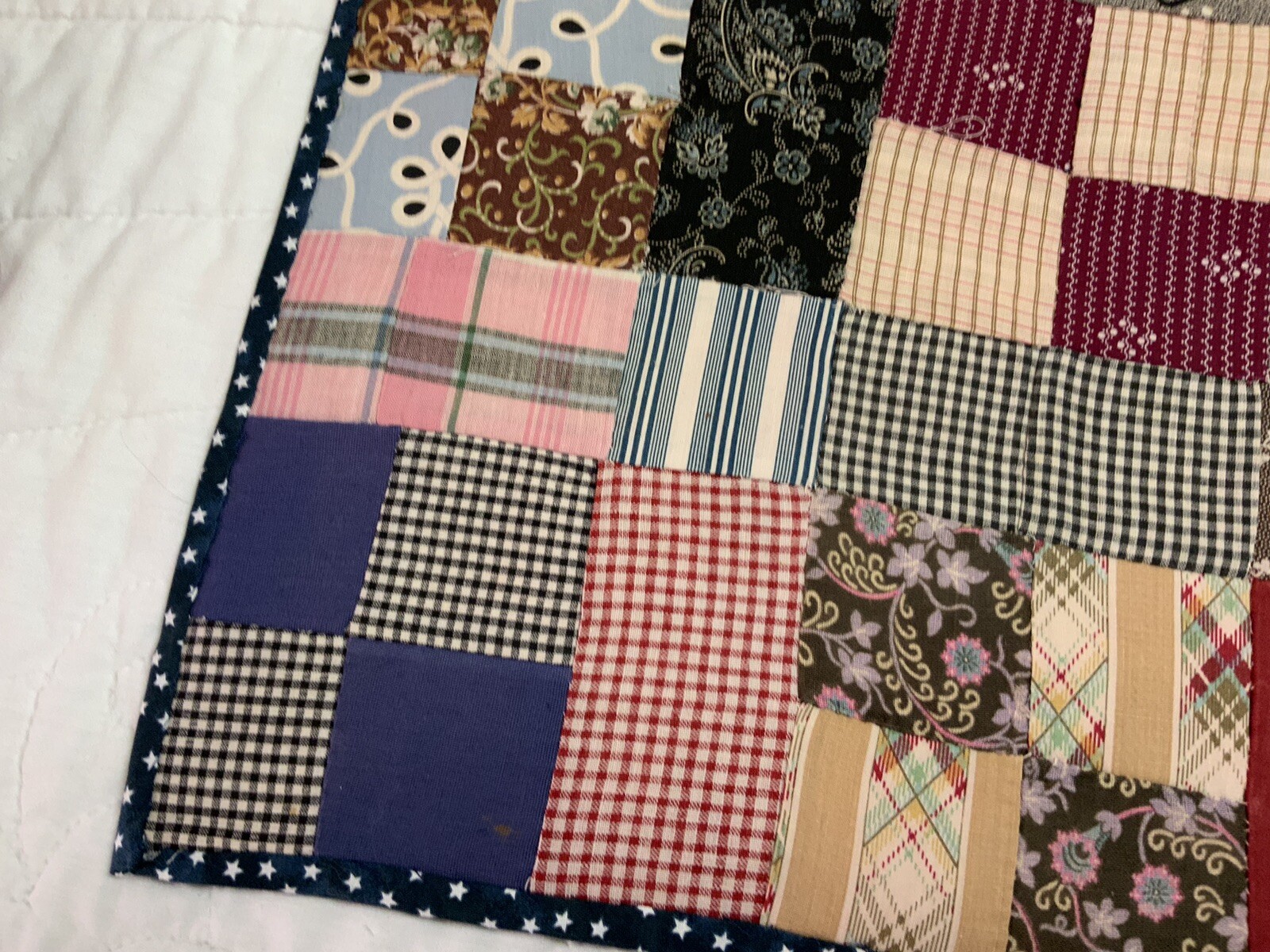 Vintage Antique Patchwork Quilt Table Topper, Four Patch, Calico Prints, 1940’s