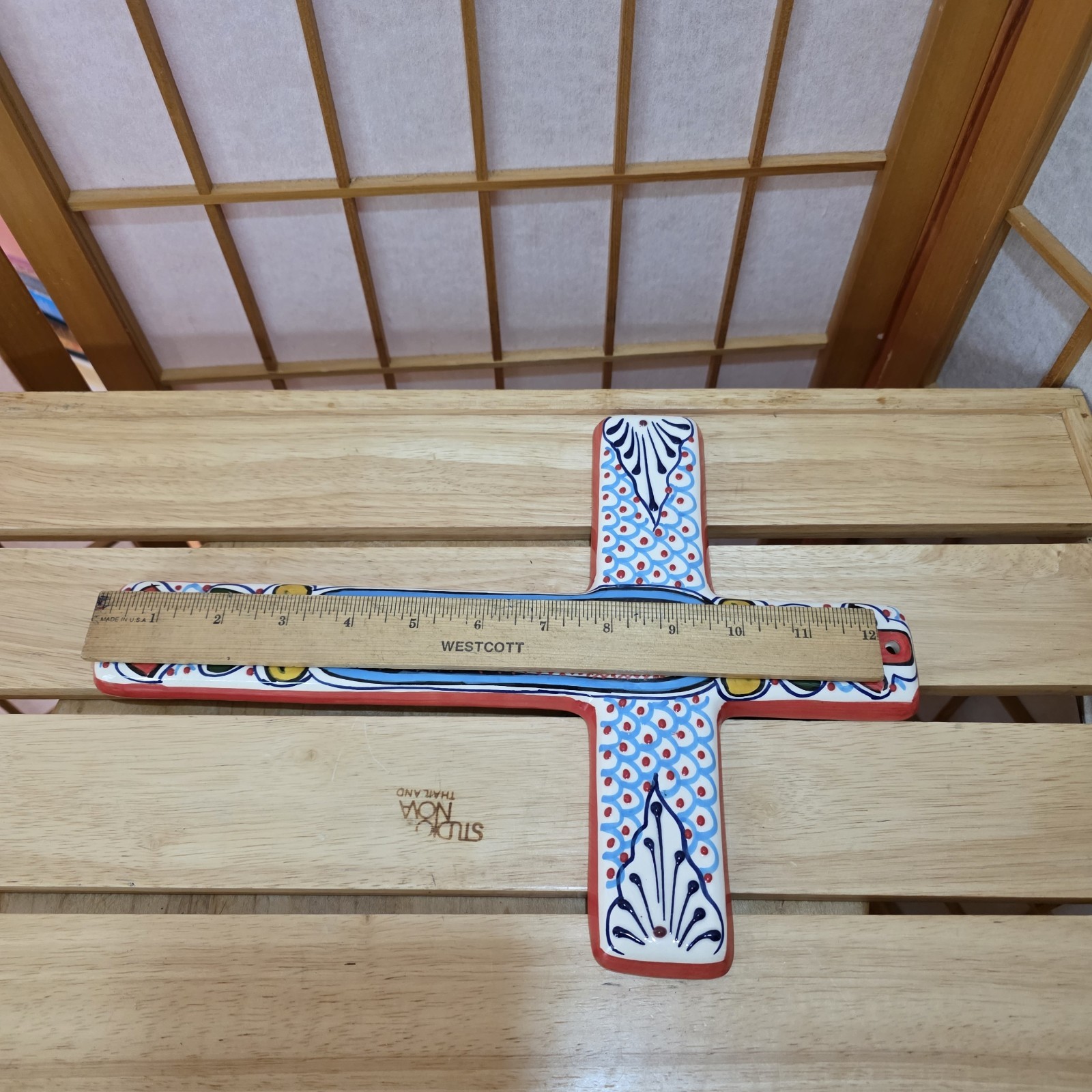 Hand Crafted Multicolored Ceramic Wall Cross From Mexico 9×13″