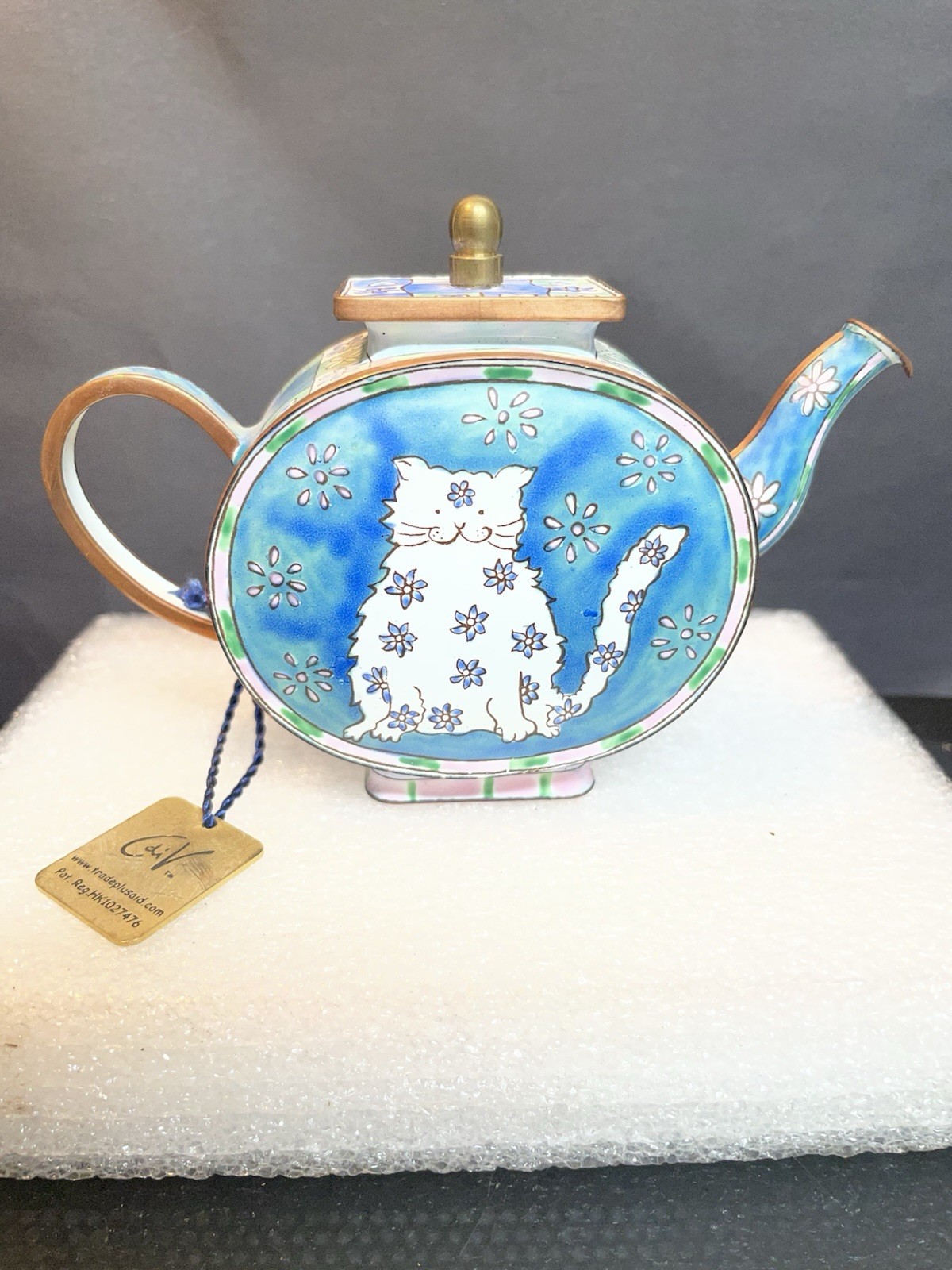 Vtg 1999 Charlotte Di Vita Copper &Enamel Miniature Cat Teapot Flower Power