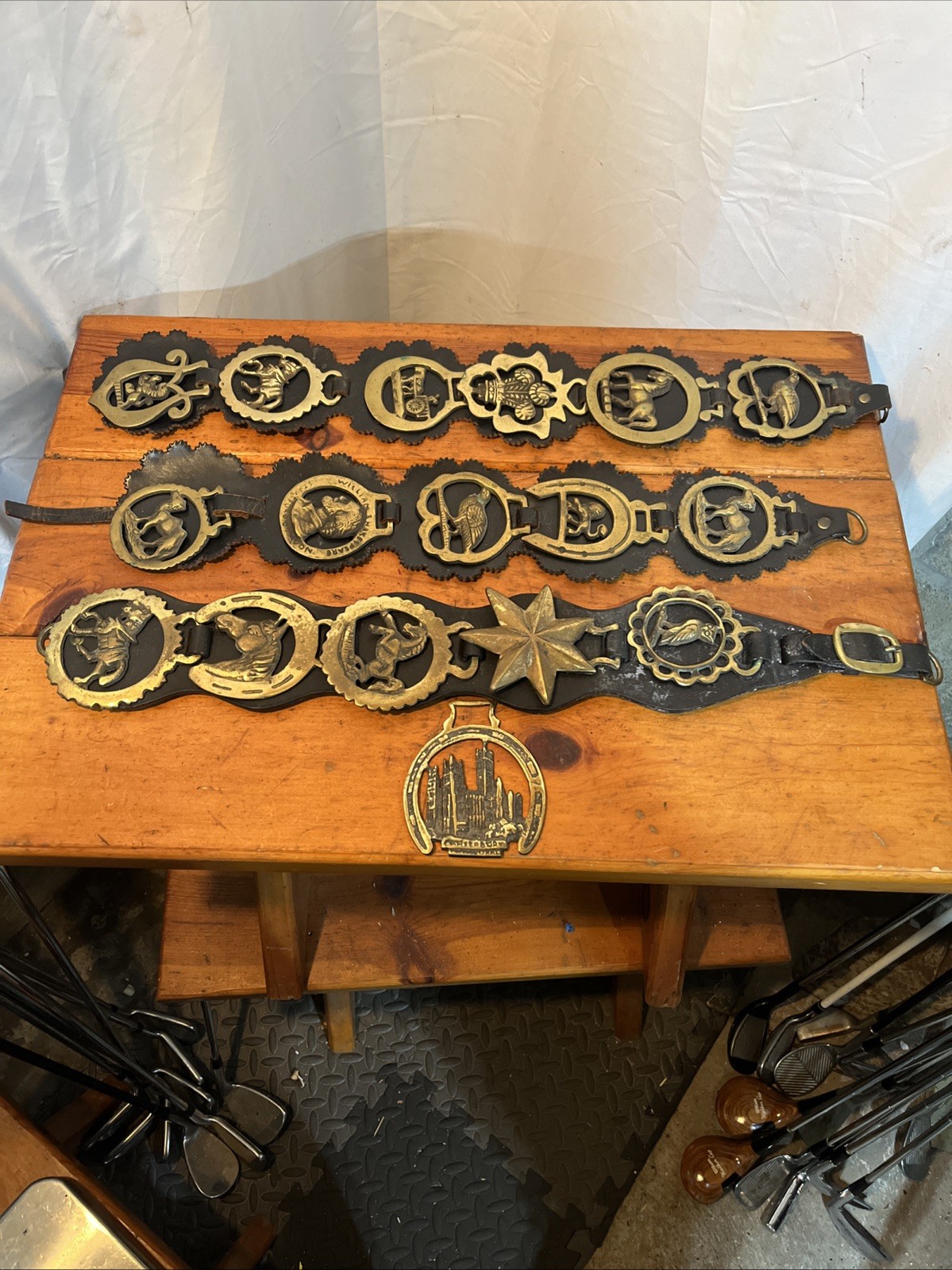 Vintage / Antique Horse Brass Medallions On Leather Straps Lot Of 17 Great!