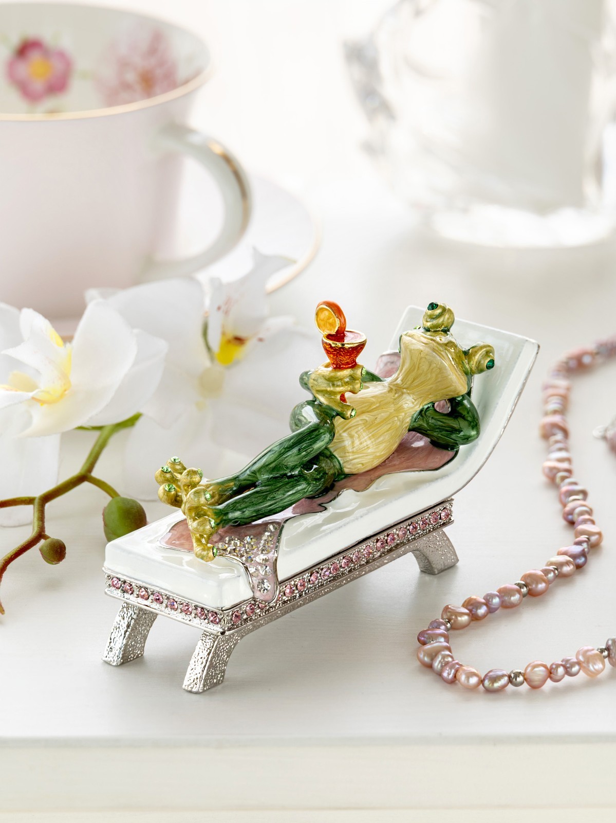 Keren Kopal Frog drinking a cocktail Trinket Box Decorated & Austrian Crystals